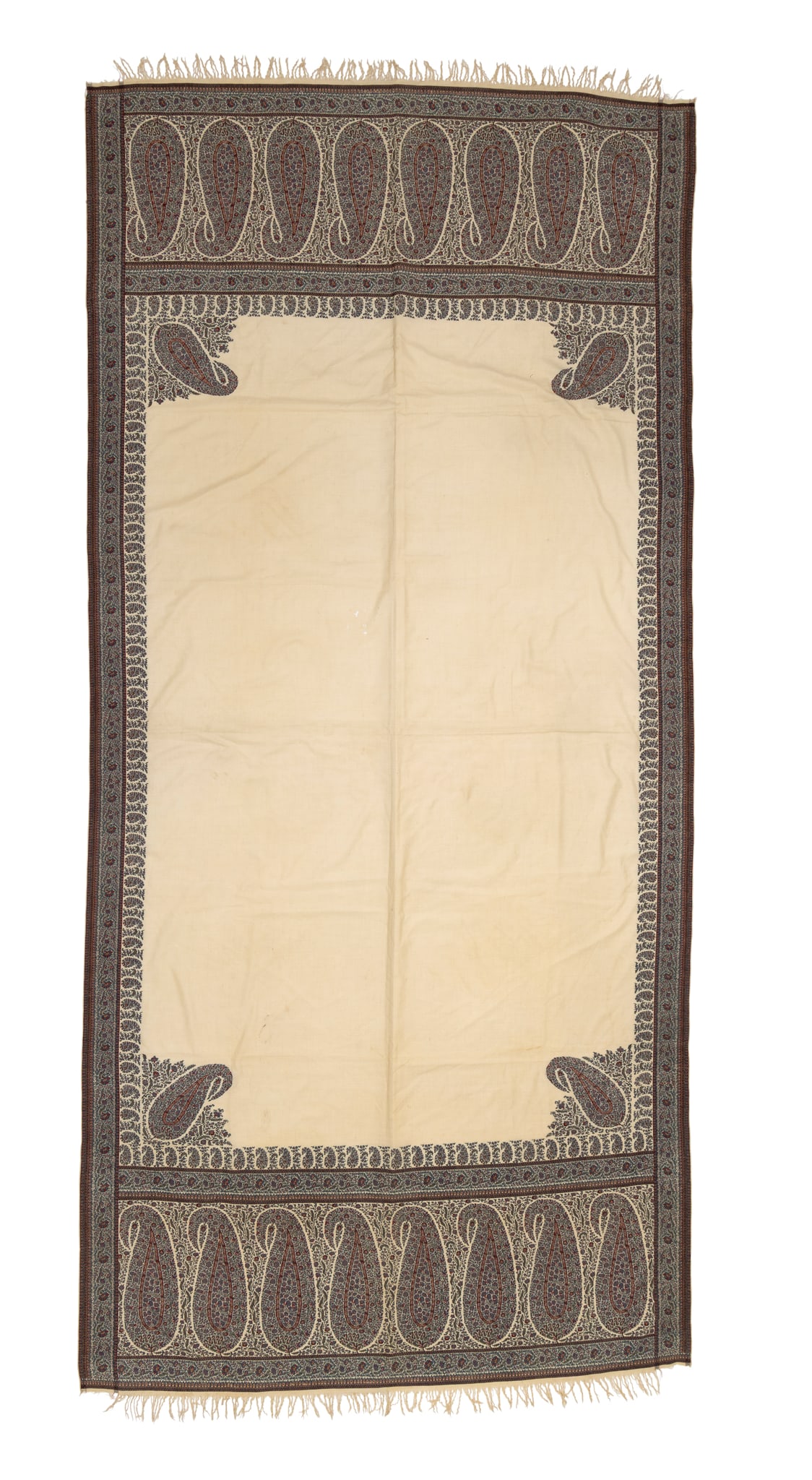 A LONG WHITE SHAWL (DOCHALLA): A LONG WHITE SHAWL (DOCHALLA) INDIA, KASHMIR, EARLY 19TH CENTURY of elongated rectangular form, the white pashmina ground woven with polychrome mosaic borders, the decoration composed of a wide bands 