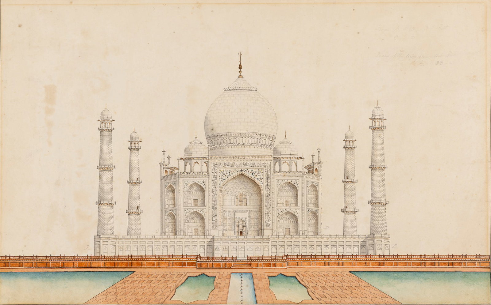 THE TAJ MAHAL: THE TAJ MAHAL INDIA, COMPANY SCHOOL, 19TH CENTURY watercolour, pen and ink, set within double black rules, faint pencil notes in the top right hand corner referring to four points on the monument (A,B