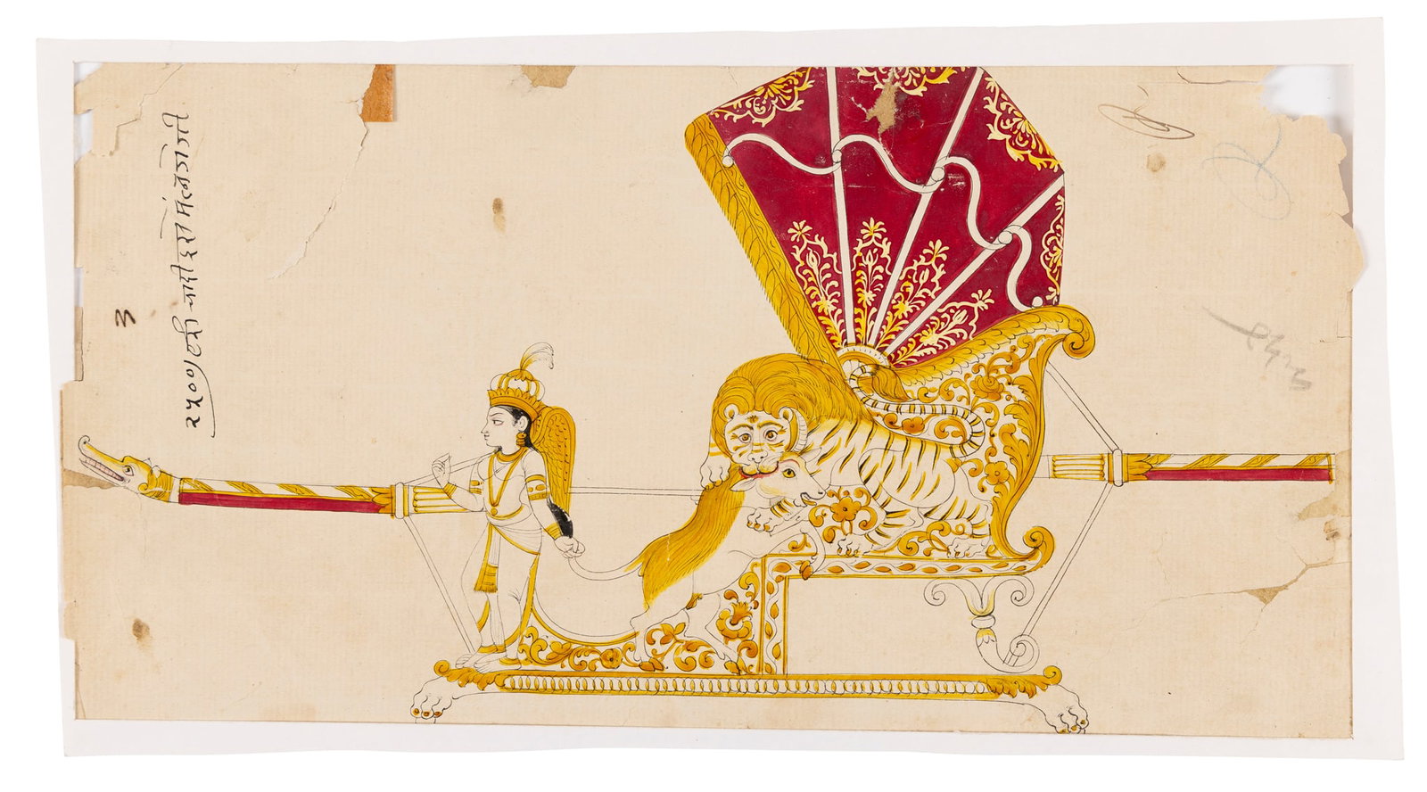 TWO DESIGNS FOR FURNITURE: TWO DESIGNS FOR FURNITURE INDIA, BENARES, CIRCA 1880 watercolour on paper, one illustrating a luxuriously animal-stylised palanquin, bearing a nagari inscription to the left, the other depicting a blu