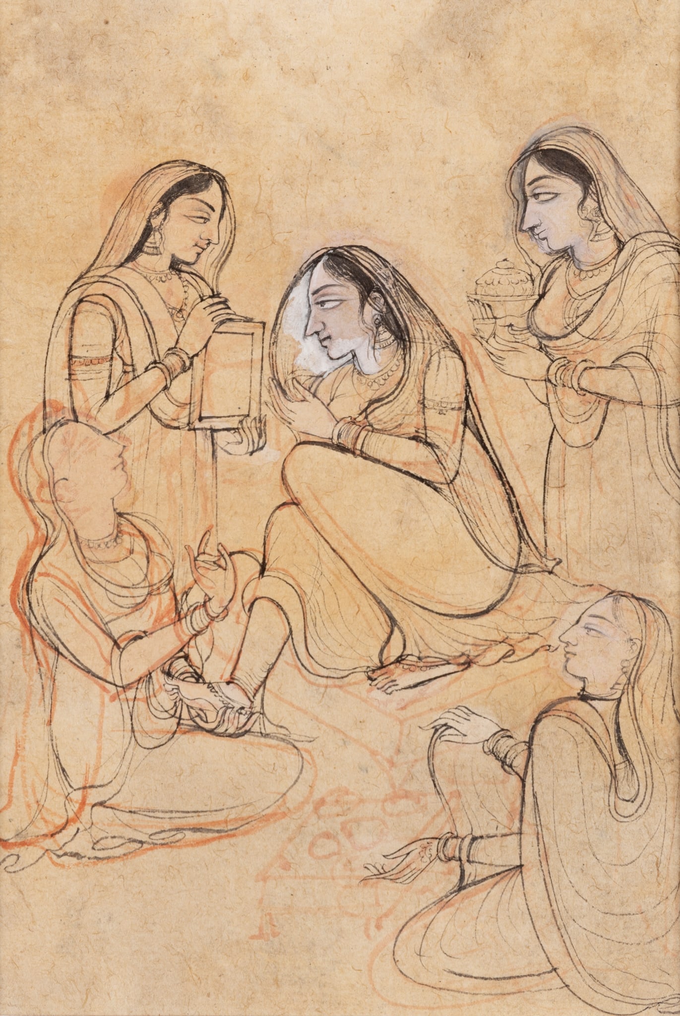 ‡ ATTRIBUTED TO THE ARTIST HARKHU: VASAKKASAJJA NAYIKA: ATTRIBUTED TO THE ARTIST HARKHU: VASAKKASAJJA NAYIKA INDIA, PUNJAB HILLS, CHAMBA, CIRCA 1820 pencil and watercolour on paper, depicting an impatient mistress holding a mirror and surrounded by four fe
