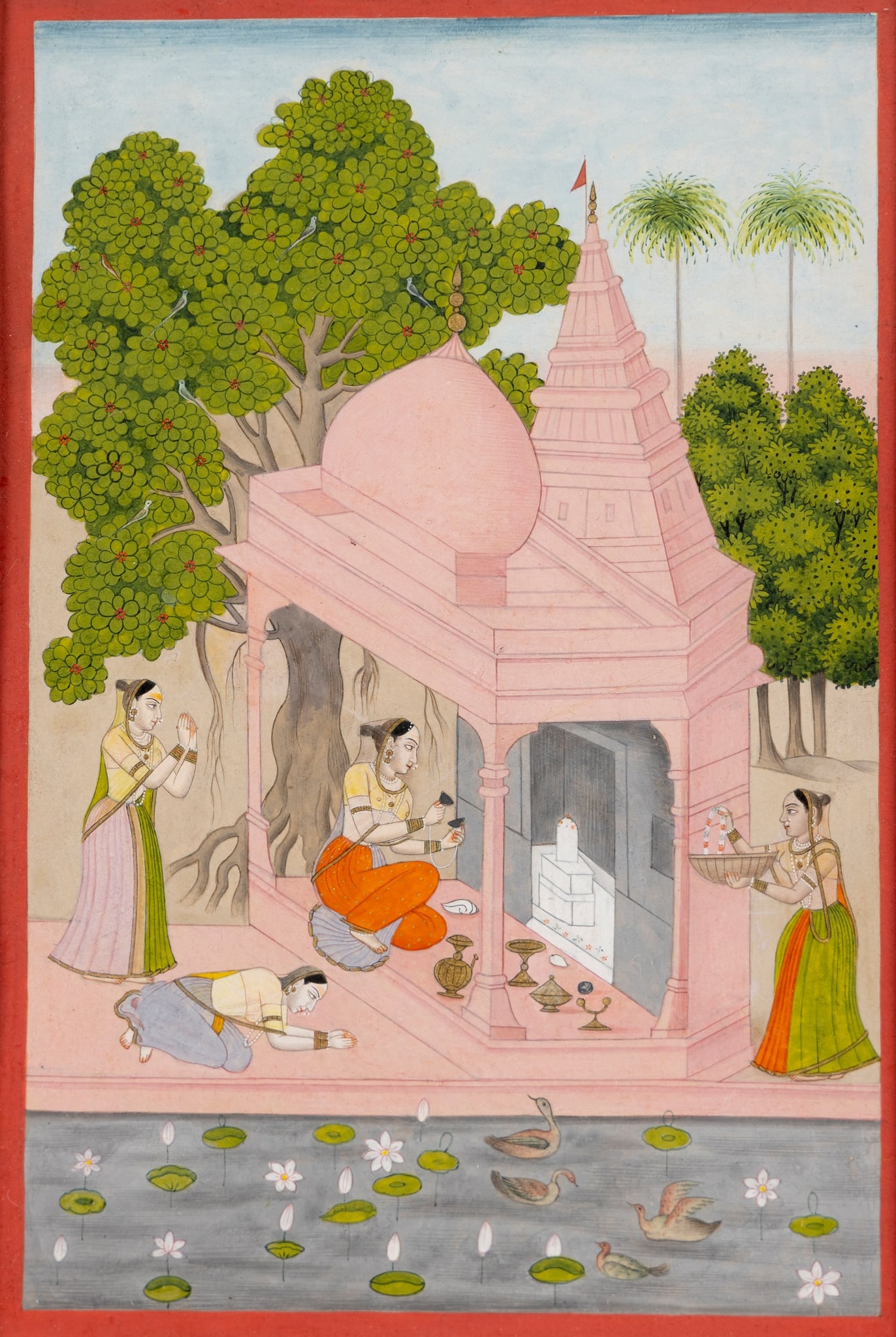 AN ILLUSTRATION FROM A RAGAMALA SERIES: DEVAKARI RAGINI: AN ILLUSTRATION FROM A RAGAMALA SERIES: DEVAKARI RAGINI INDIA, UTTAR PRADESH, FAIZABAD, CIRCA 1770 gouache on paper heightened by gold, within a red border, depicting a Lingam shrine set in a garden w
