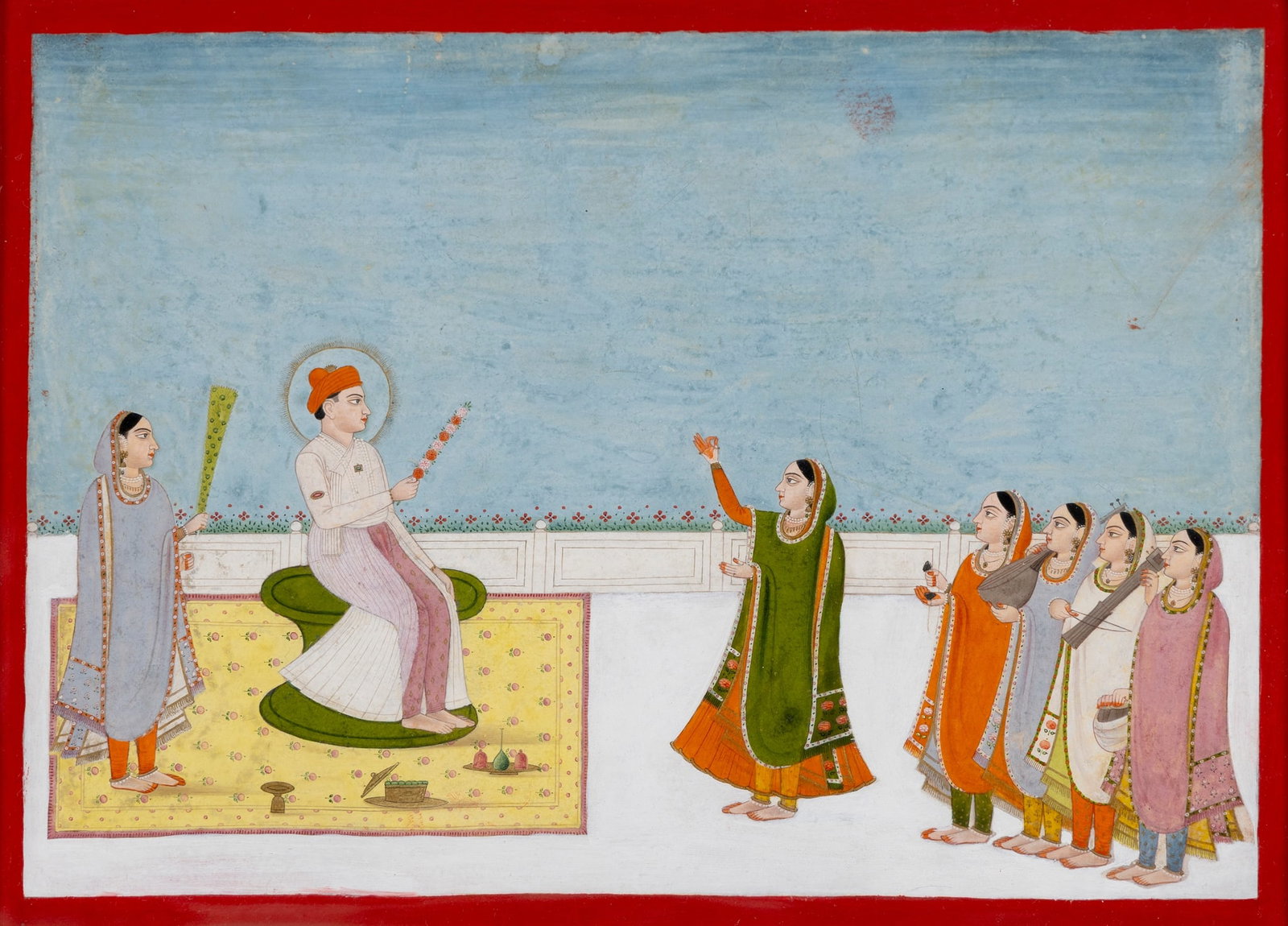 A NAUTCH PERFORMANCE BEFORE A NAWAB: A NAUTCH PERFORMANCE BEFORE A NAWAB IN THE STYLE OF SITA DAS, INDIA, FAIZABAD, CIRCA 1770 gouache on paper heightened by gold, within a red border, the scene depicts a seated Nawab wearing white jama 