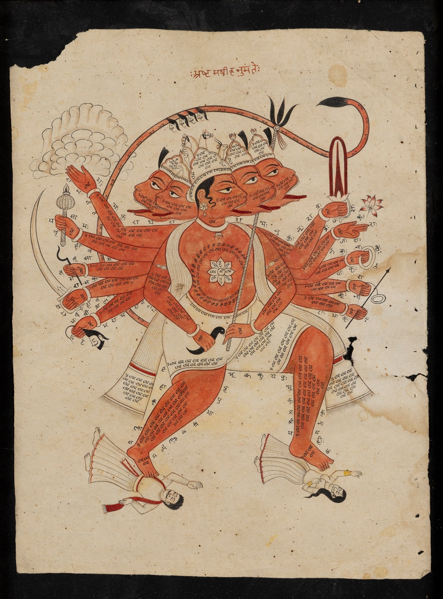 A TANTRIC DRAWING OF HANUMAN: A TANTRIC DRAWING OF HANUMAN INDIA, 18TH CENTURY ink and watercolour on paper, depicting the many different faces of Lord Hanuman, holding weapons and items of worship symbolising his role both as a w