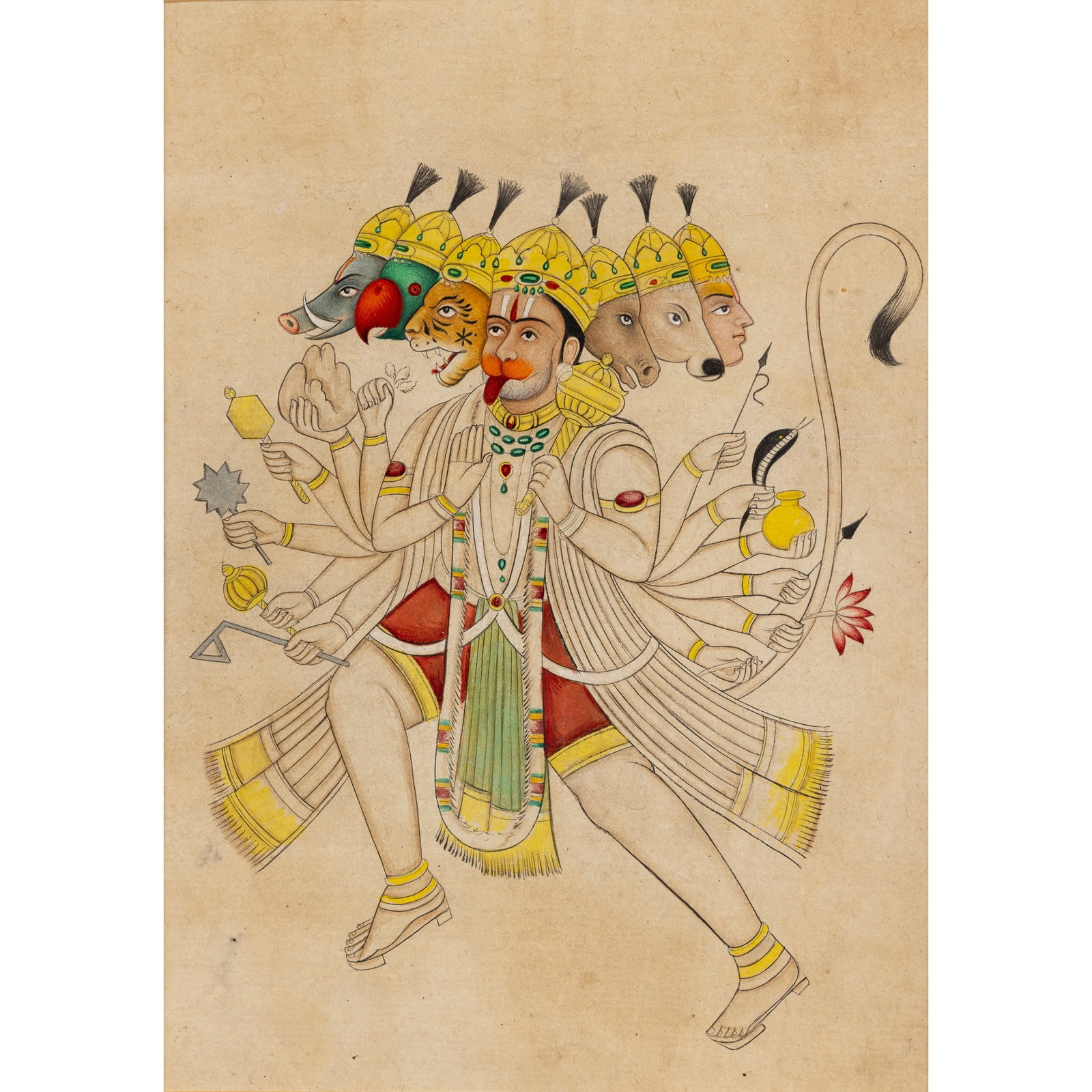AVATAR OF HANUMAN: AVATAR OF HANUMAN INDIA, RAJASTHAN, BUNDI, FIRST HALF 19TH CENTURY ink and watercolour on paper, depicting the many different faces of Lord Hanuman, including Narasimha (man-lion), Garuda (eagle), Hay