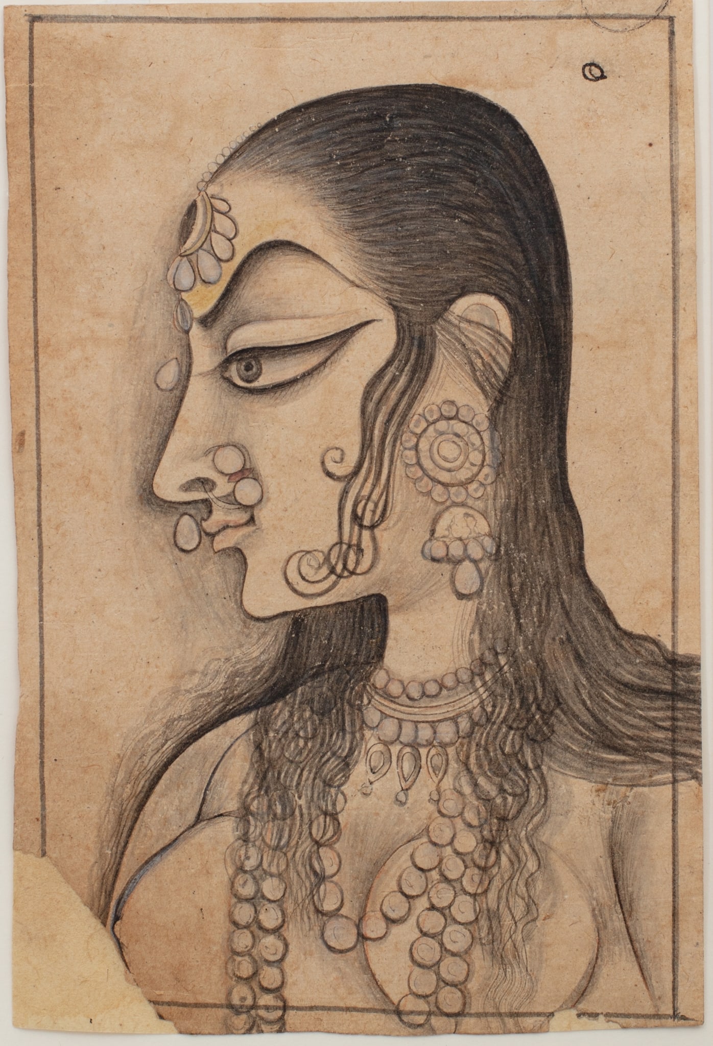 A PORTRAIT OF A BEJEWELLED LADY: A PORTRAIT OF A BEJEWELLED LADY INDIA, RAJASTHAN, KISHANGARH, CIRCA 1790 pencil and watercolour on paper, with margin line, mounted 14.2cm x 9.5cm Formerly, collection of John and Berthe Ford.R.E. Lew