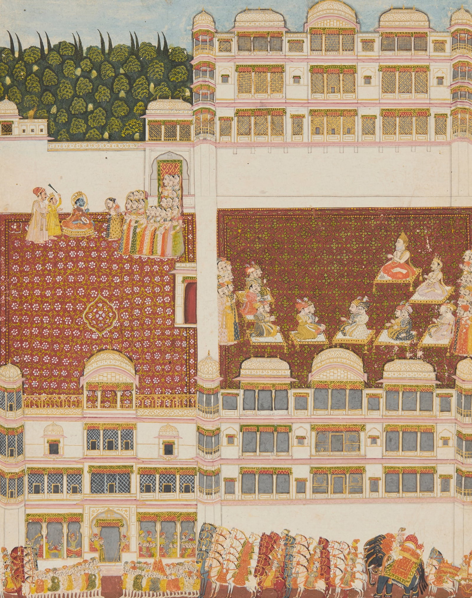 A MAGNIFICENT PALACE TERRACE SCENE: A MAGNIFICENT PALACE TERRACE SCENE INDIA, RAJASTHAN, UDAIPUR, CIRCA 1735 gouache on paper heightened in gold, depicting Krishna being worshipped at court, the foreground showing a procession of footme