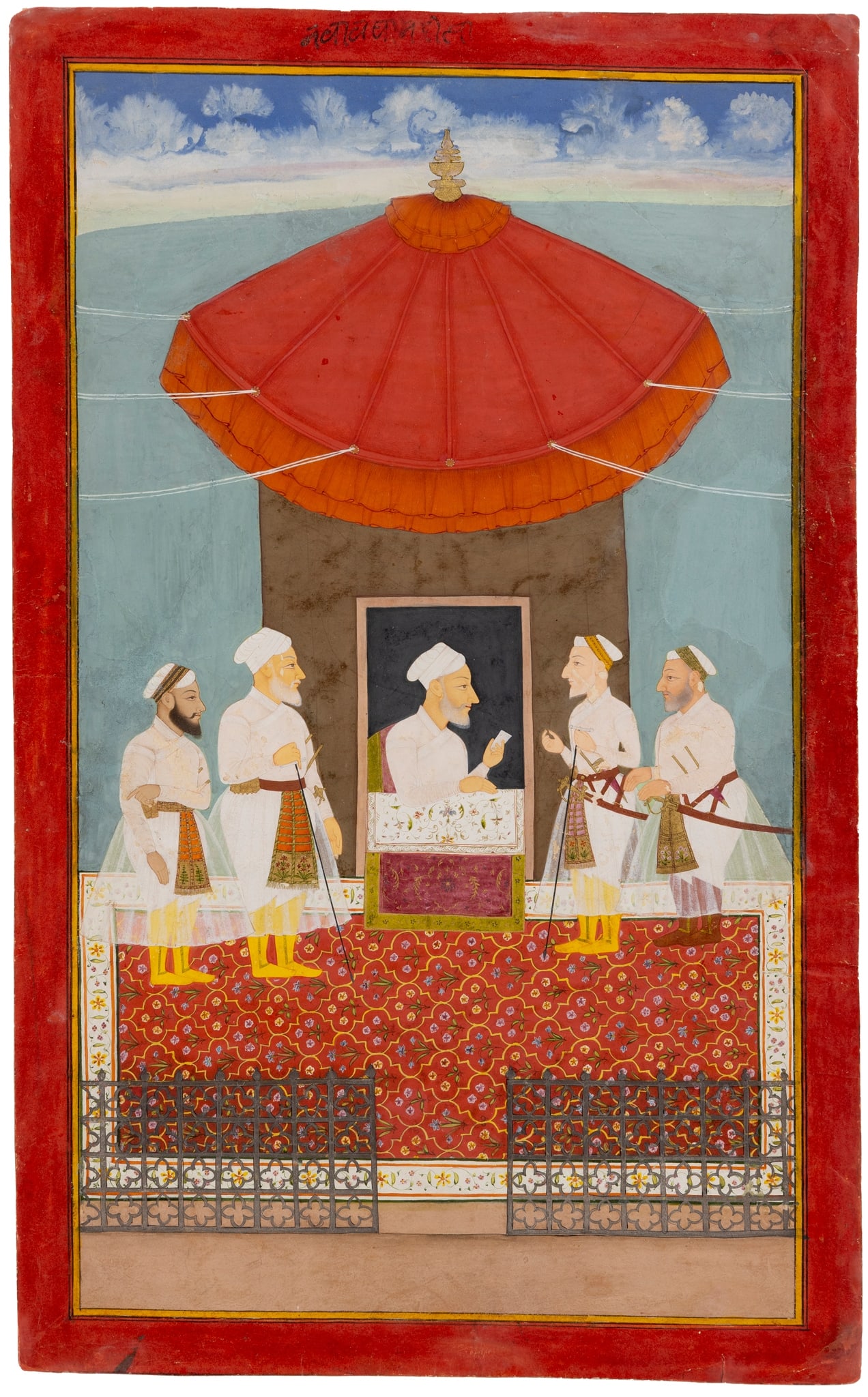 NAWAB KHAN DAURAN SEATED AT A WINDOW WITH FOUR OFFICIERS STANDING: NAWAB KHAN DAURAN SEATED AT A WINDOW WITH FOUR OFFICIERS STANDING INDIA, RAJASTHAN, UDAIPUR, CIRCA 1700 gouache on paper heightened in gold, one line of script in black ink above, the image within a r