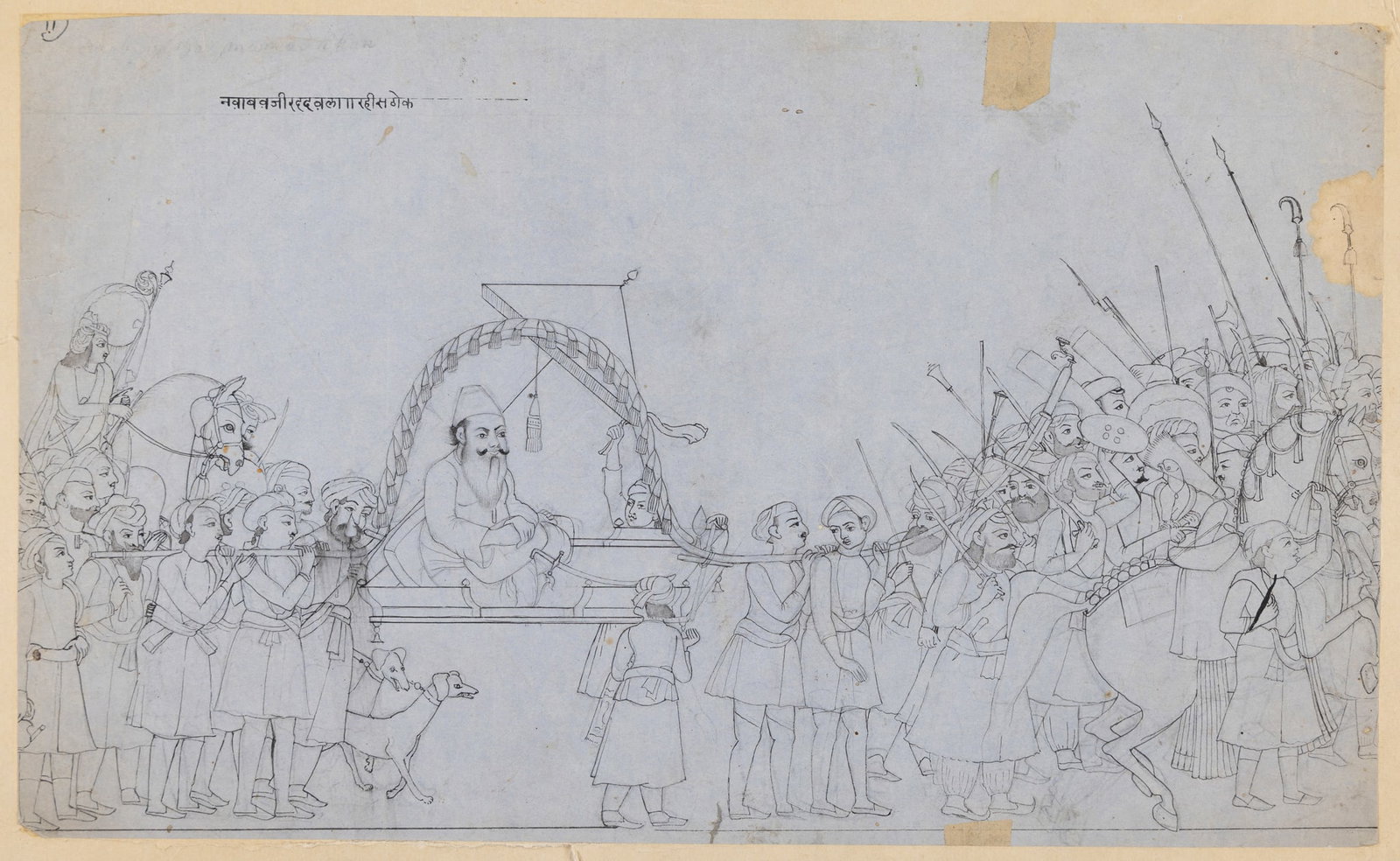 ‡ A RULER OF TONK SEATED IN A PALANQUIN IN PROCESSION: A RULER OF TONK SEATED IN A PALANQUIN IN PROCESSION INDIA, RAJASTHAN, TONK, CIRCA 1830 pen on paper, depicting the ruler of Tonk seated in a palanquin carried by several bearers on foot, one of which 