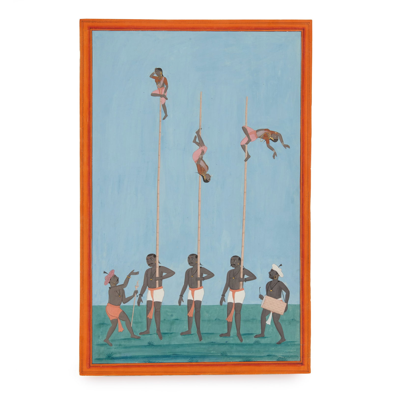 FEMALE ACBROBATS PERFORMING UP BAMBOO POLES: FEMALE ACBROBATS PERFORMING UP BAMBOO POLES SOUTH INDIA, TANJORE, 18TH CENTURY gouache and gold on paper, depicting three men holding up long bamboo sticks with women performing on them, a presenter t