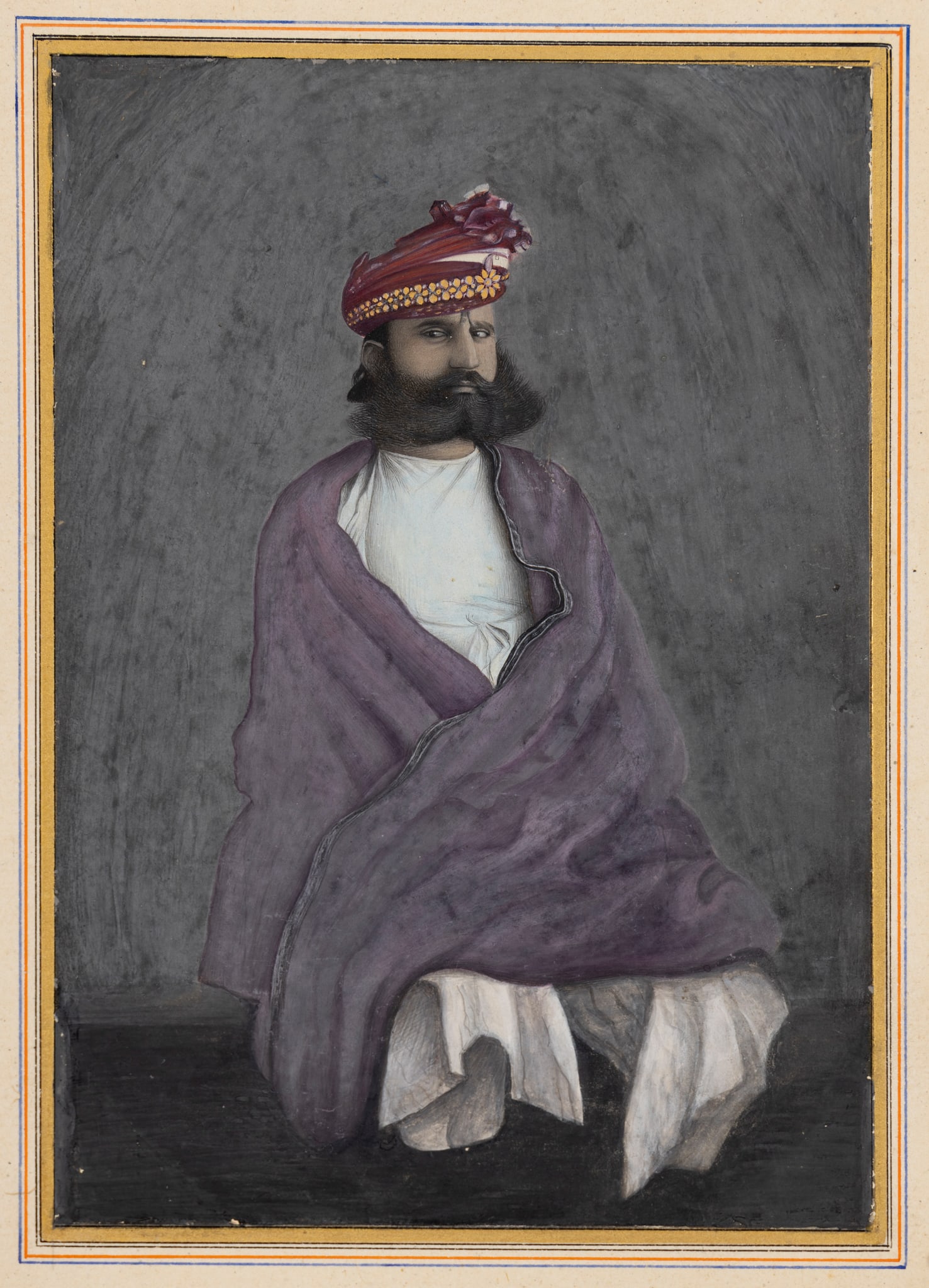 AN INJURED VETERAN: AN INJURED VETERAN INDIA, DELHI, CIRCA 1875 after a photograph, gouache on paper, ruled borders in gold, black, blue and red Page: 28.6cm x 19.6cm Image: 15.6cm x 11cm Formerly, the Stuart Cary W