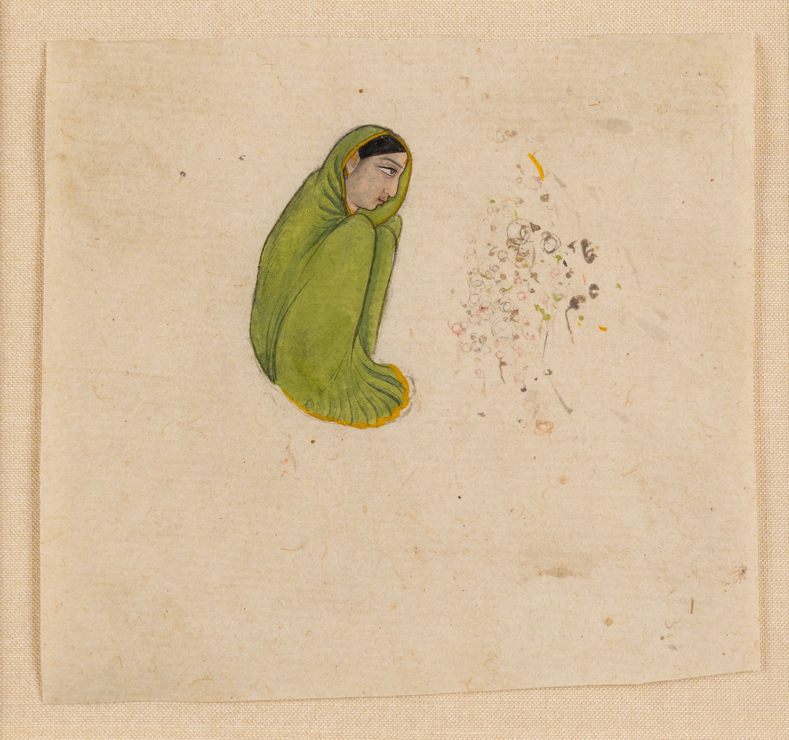 YOUNG WOMAN IN A GREEN SARI: YOUNG WOMAN IN A GREEN SARI INDIA, RAJASTHAN OR PUNJAB HILLS, 19TH CENTURY ink and watercolour on paper, a young woman in a green sari, Cary Welch's handwritten note on the blackboard of the frame rea