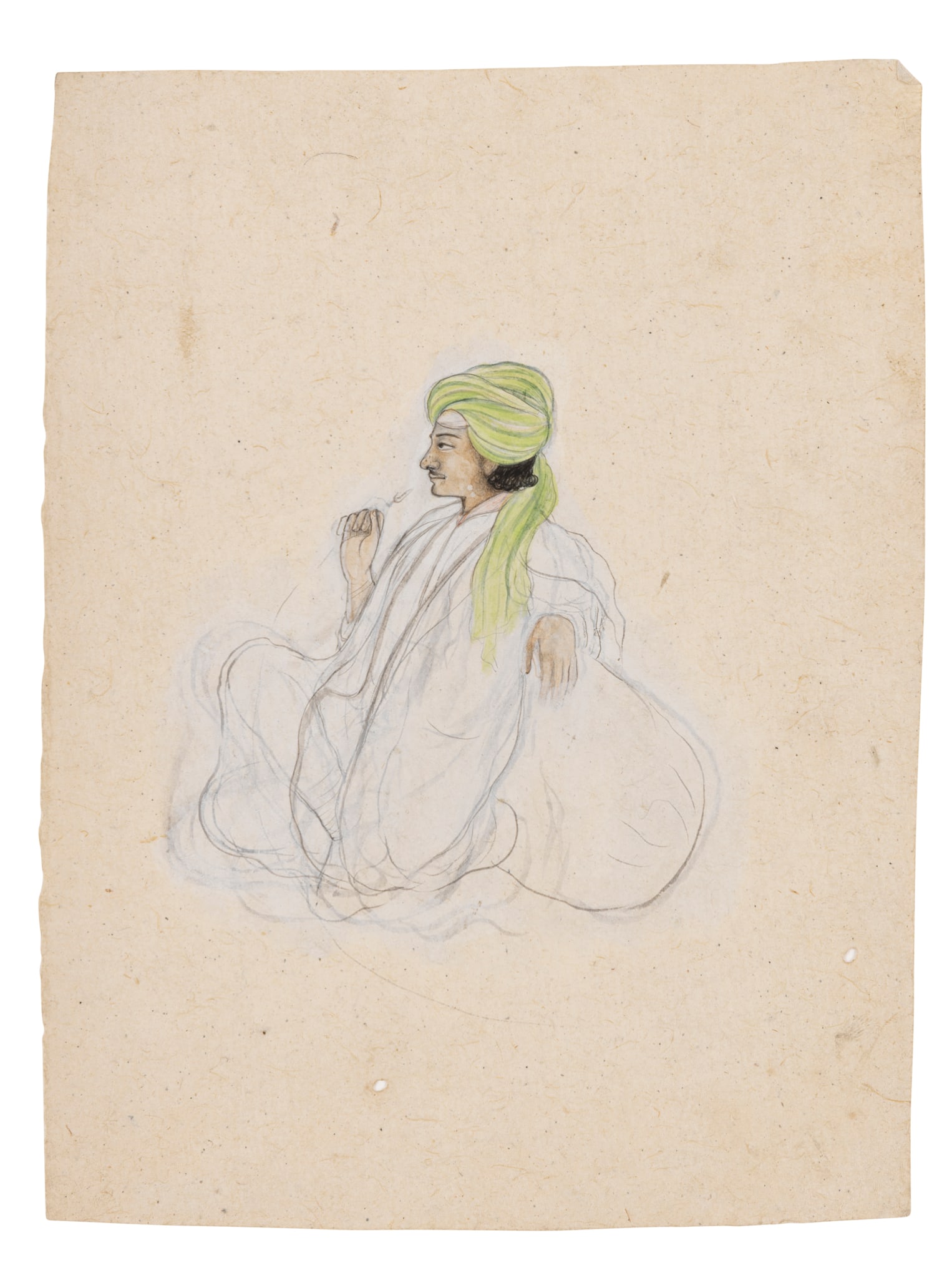 TWO PORTRAITS: TWO PORTRAITS NORTH INDIA, FIRST HALF 19TH CENTURY ink and watercolour on paper, including a) a seated man wearing a green turban, Punjab Hills, Late 19th century, and; b) an old lady of Gwalior, circ