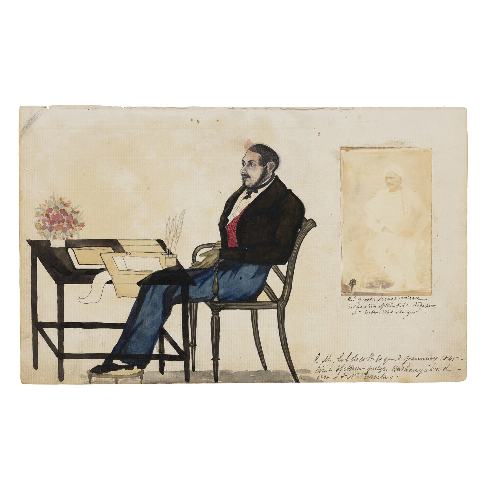 MR C.M. CALDECOTT, CIVIL SESSIONS JUDGE AND SON AND DAUGHTER OF SAME: MR C.M. CALDECOTT, CIVIL SESSIONS JUDGE AND SON AND DAUGHTER OF SAME INDIA, HUSHANGABAD, 1845 watercolour on paper with photographs, two folios from an album, the first showing the judge in profile se