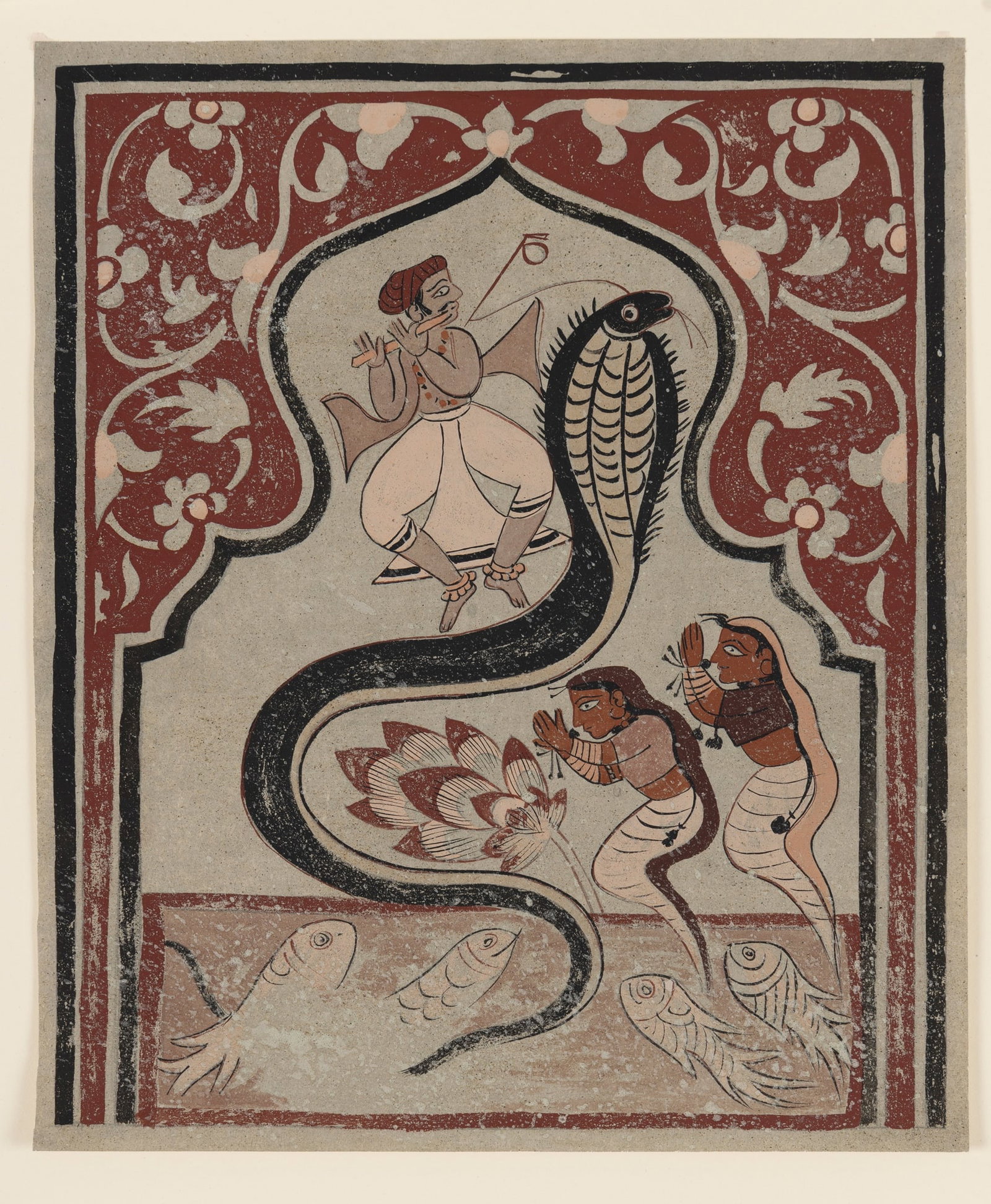 KRISHNA SUBDUING A KALIYA: KRISHNA SUBDUING A KALIYA INDIA, BENGAL, LATE 19TH CENTURY gouache on grey-brown rough paper, depicting the flute-playing Krishna standing on Kaliya and implored by two of Naga's wives, within cusped 