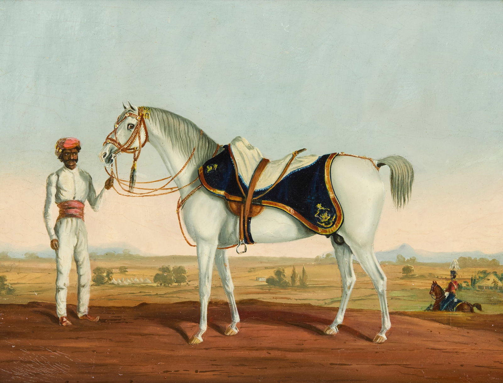 COMPANY SCHOOL: FRANCIS CLIFTON FYERS' HORSE AND GROOM: COMPANY SCHOOL: FRANCIS CLIFTON FYERS' HORSE AND GROOM CIRCLE OF SHAYKH MUHAMMAD AMIR OF KARRAYA, INDIA, PUNE, CIRCA 1838 oil on panel, depicting a groom holding a caparisoned white stallion facing le