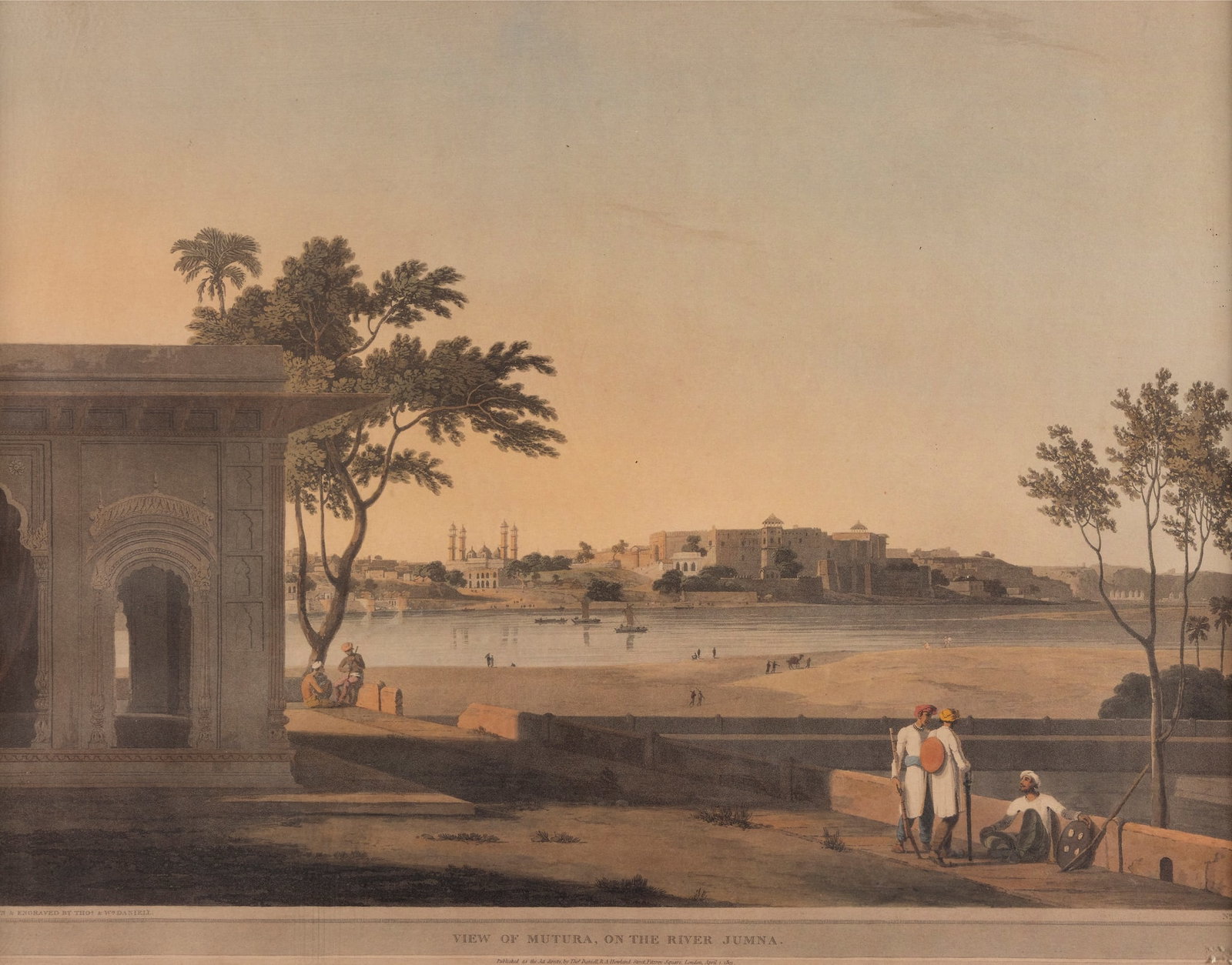 THOMAS DANIELL R.A. (1749-1840) AND WILLIAM DANIELL R.A. (1769-1837): THOMAS DANIELL R.A. (1749-1840) AND WILLIAM DANIELL R.A. (1769-1837) VIEW OF MUTURA ON THE RIVER JUMNA hand-coloured aquatint, glazed and framed sight seen 49.3cm x 64.2cm Private collection, London. 