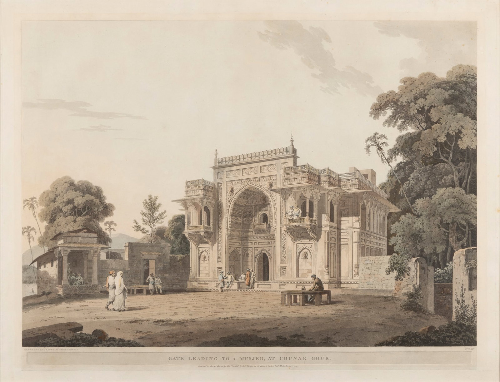 THOMAS DANIELL R.A. (1749-1840) AND WILLIAM DANIELL R.A. (1769-1837): THOMAS DANIELL R.A. (1749-1840) AND WILLIAM DANIELL R.A. (1769-1837) GATE LEADING TO A MUSJED AT CHUNAR GHUR hand-coloured aquatint, glazed and framed Plate 48.5cm x 65cm Private collection, London. T