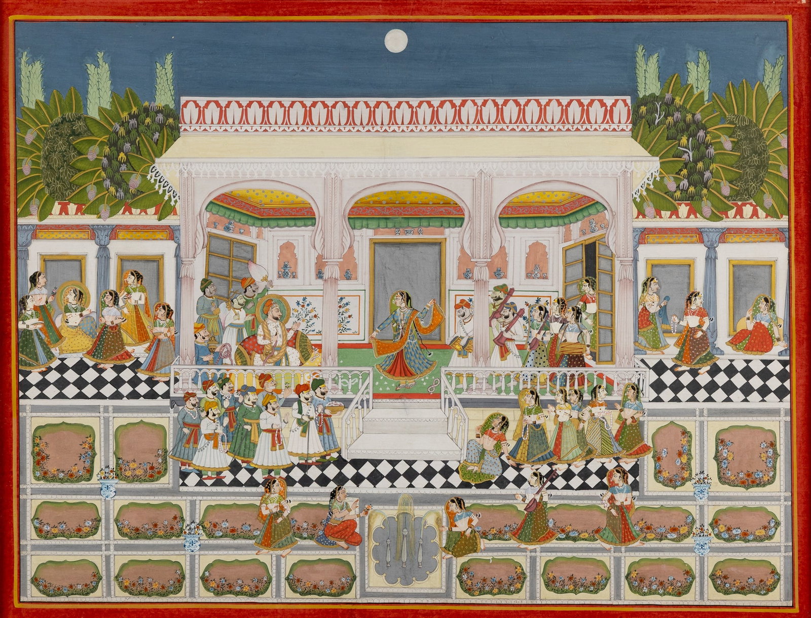 A DANCE CELEBRATION WITHIN A PALACE: A DANCE CELEBRATION WITHIN A PALACE INDIA, RAJASTHAN, BUNDI, 20TH CENTURY gouache on paper heightened in gold, black margin lines, gold and red border, depicting a lavish palace setting with a bejewel