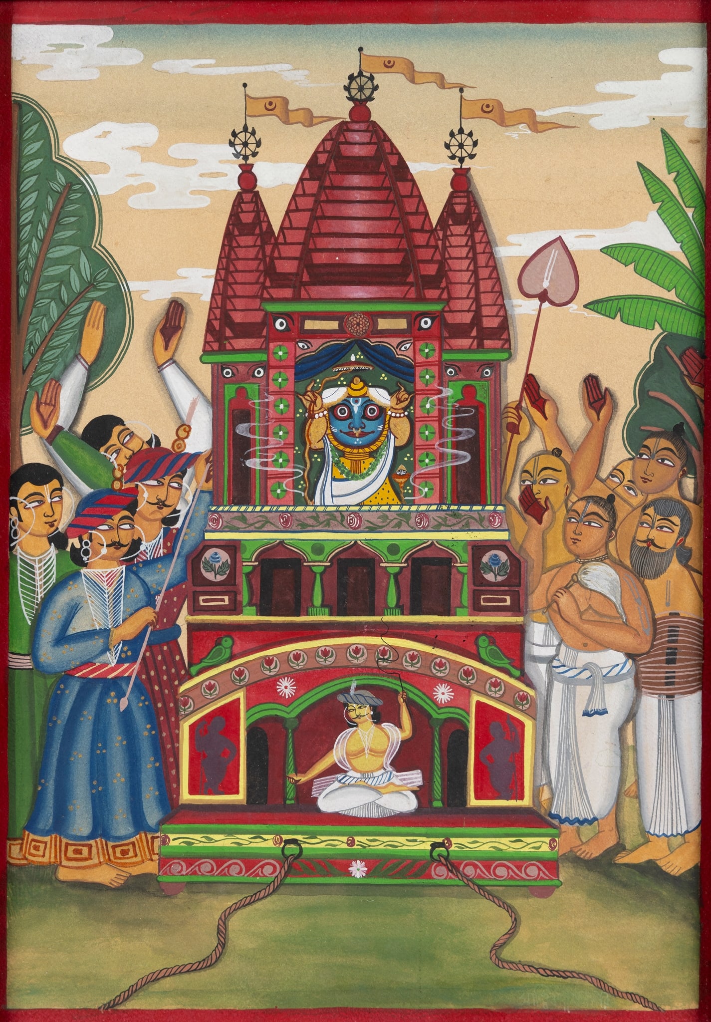 THE JAGANNATH SHRINE: THE JAGANNATH SHRINE INDIA, BENGAL, CALCUTTA, CIRCA 1900-1920 gouache on paper heightened in gold, depicted within a red border, worshippers surround the shrine from all sides waving their arms in cel
