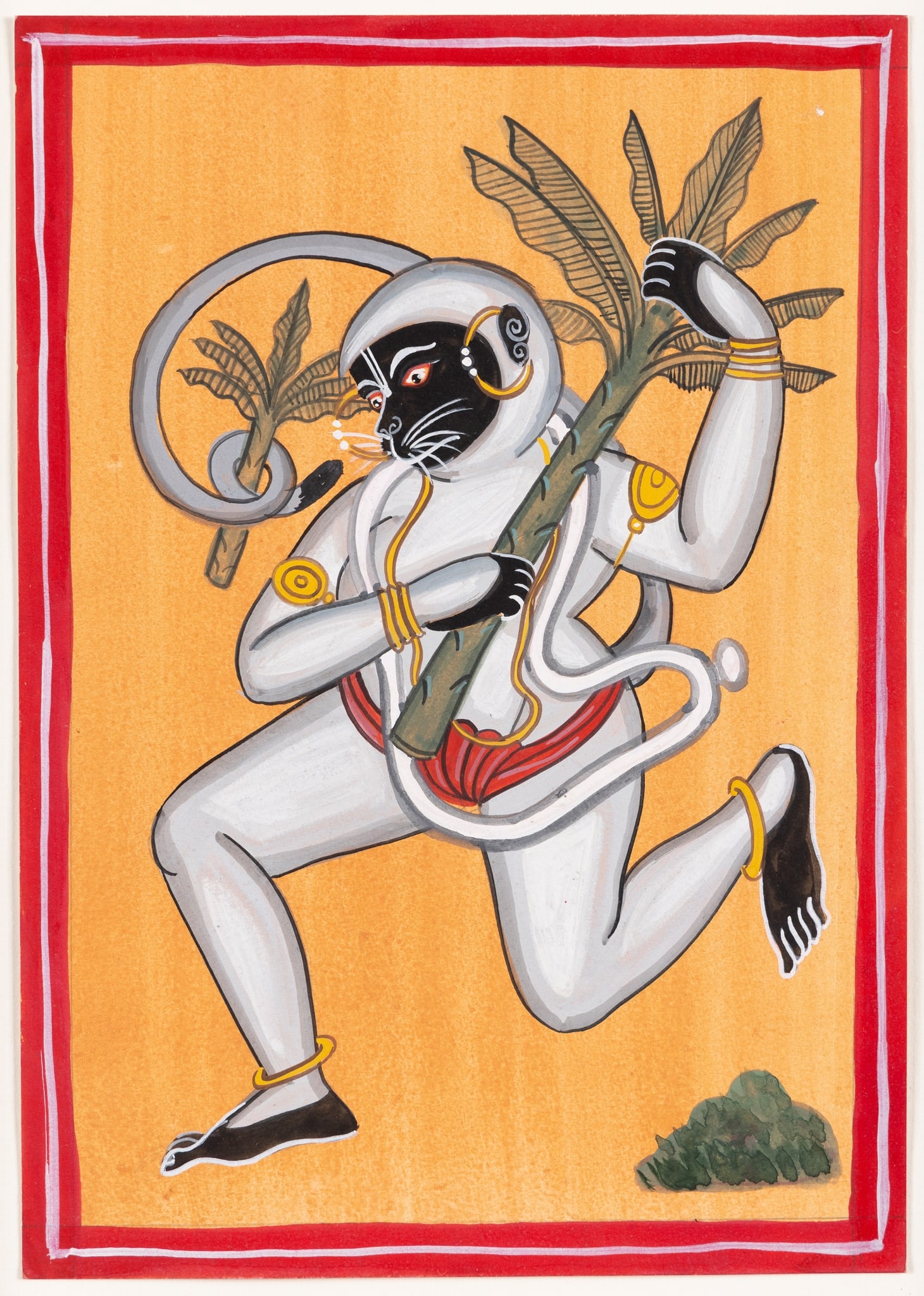 A KALIGHAT PAINTING OF HANUMAN: A KALIGHAT PAINTING OF HANUMAN INDIA, BENGAL, CALCUTTA, 1900-1920 gouache on paper, red border with white margin lines, Hanuman is depicted in the guise of a monkey in running motion holding palms of 