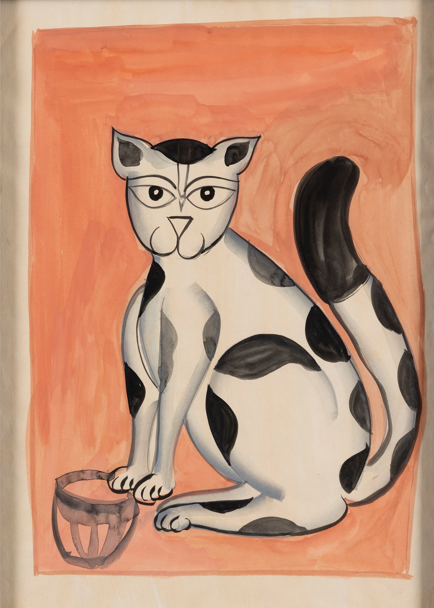 A KALIGHAT PAINTING OF A CAT: A KALIGHAT PAINTING OF A CAT INDIA, BENGAL, CALCUTTA, CIRCA 1900-1920 gouache on paper, depicting a black and white cat standing next to a small bowl on a pink background, glazed and framed Sight size