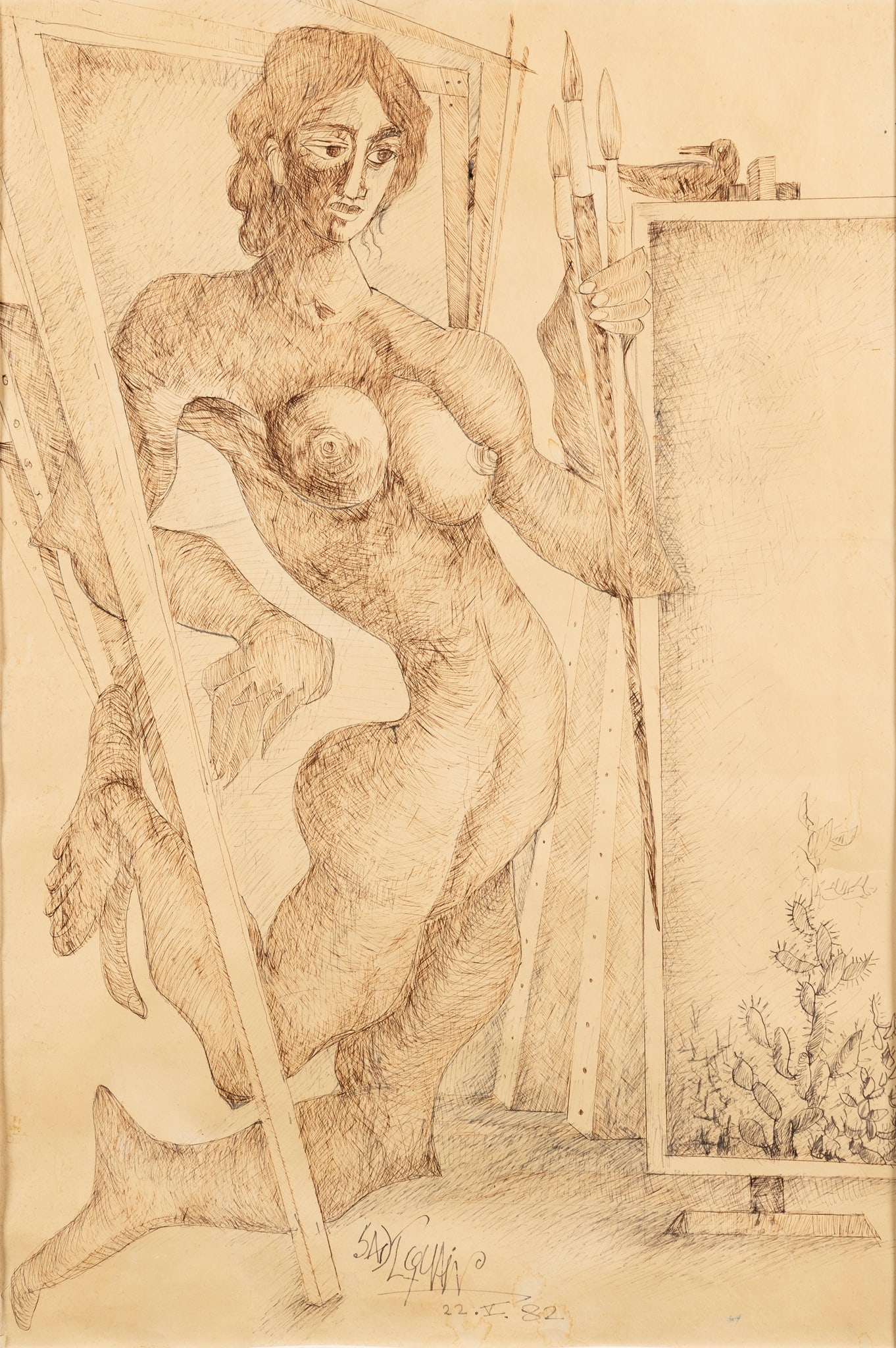 SADEQUAIN (PAKISTAN, 1930-1987): SADEQUAIN (PAKISTAN, 1930-1987) FEMALE NUDE, 1982 signed ‘Sadequain’ and dated 22.V.82, bottom centre, brown and blue ink, female nude standing full-length holding three paint brushes in a