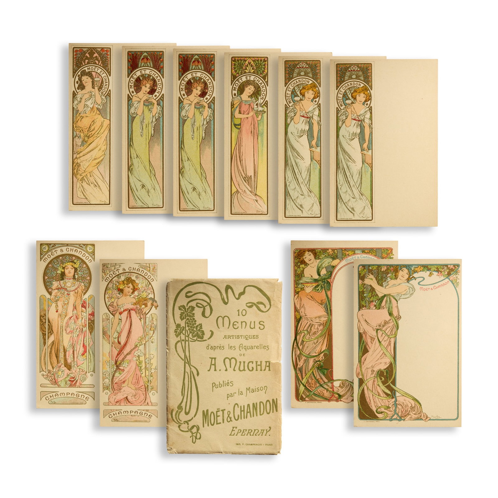 ALPHONSE MUCHA (1860-1939): ALPHONSE MUCHA (1860-1939) TEN MOËT & CHANDON MENU CARDS (PLUS COVER) 1900printed by Champenois, Paris, condition A(11) each 14.1 x 9.1cm Alphonse Mucha: A Private Collection from