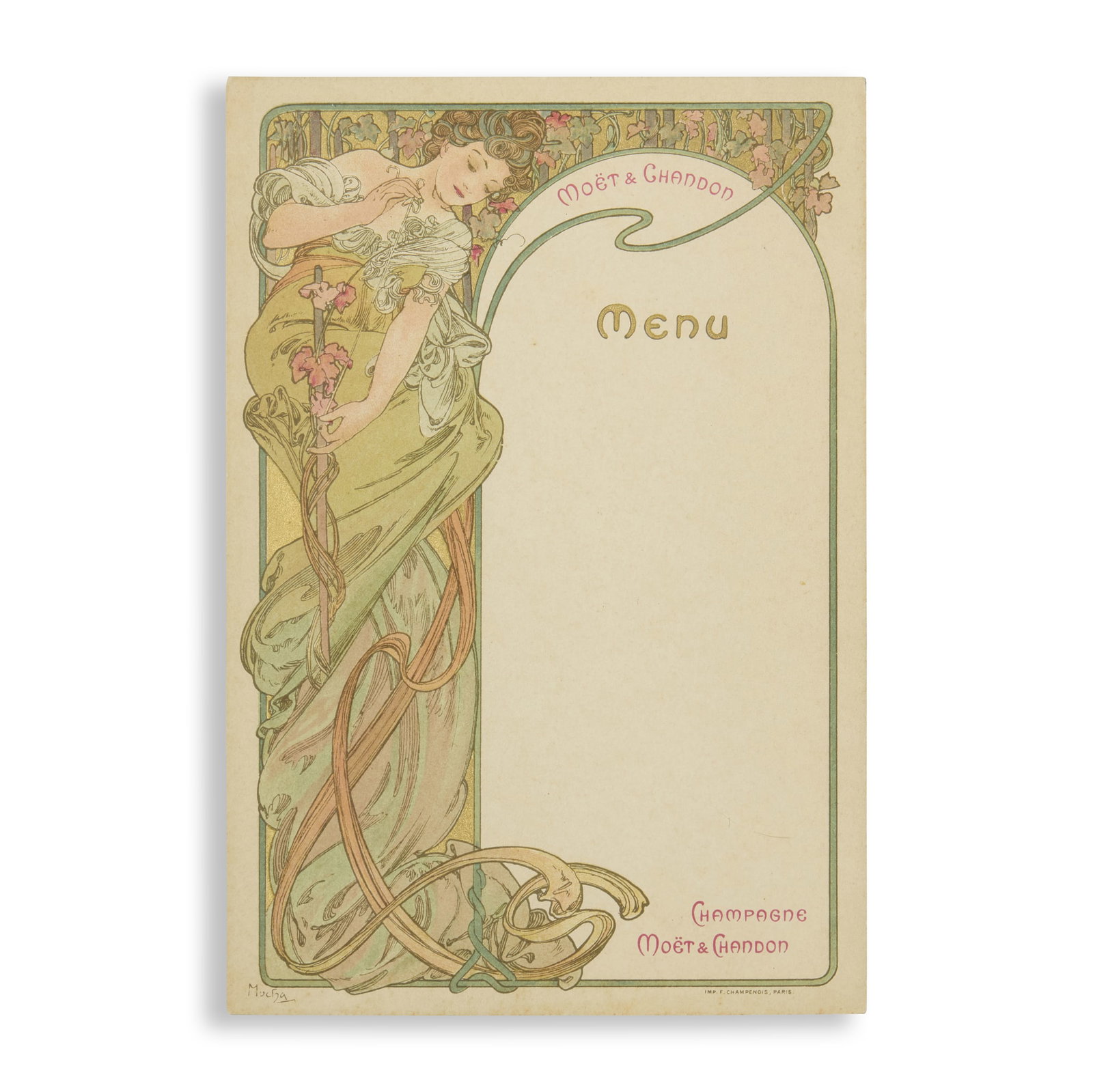 ALPHONSE MUCHA (1860-1939): ALPHONSE MUCHA (1860-1939) FIVE MOËT & CHANDON MENU CARDS circa 1900lithographs in colour, printed by Champenois, Paris, condition A- (5) each 22.2 x 15.1cm Alphonse Mucha: A