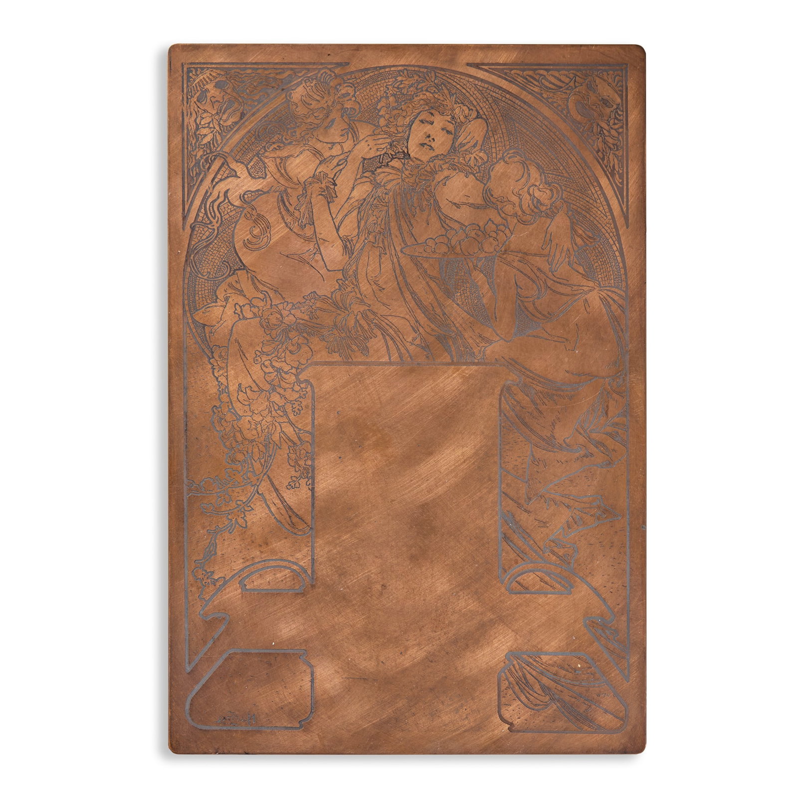 ALPHONSE MUCHA (1860-1939): ALPHONSE MUCHA (1860-1939) MENU - LA JOURNÉE SARAH BERNHARDT 8 DECEMBRE 1896 COPPER PLATE MATRIX AND LITHOGRAPH 1896(2) copper plate 24.5 x 16.6cm lithograph 32 x22.5cm Alphonse