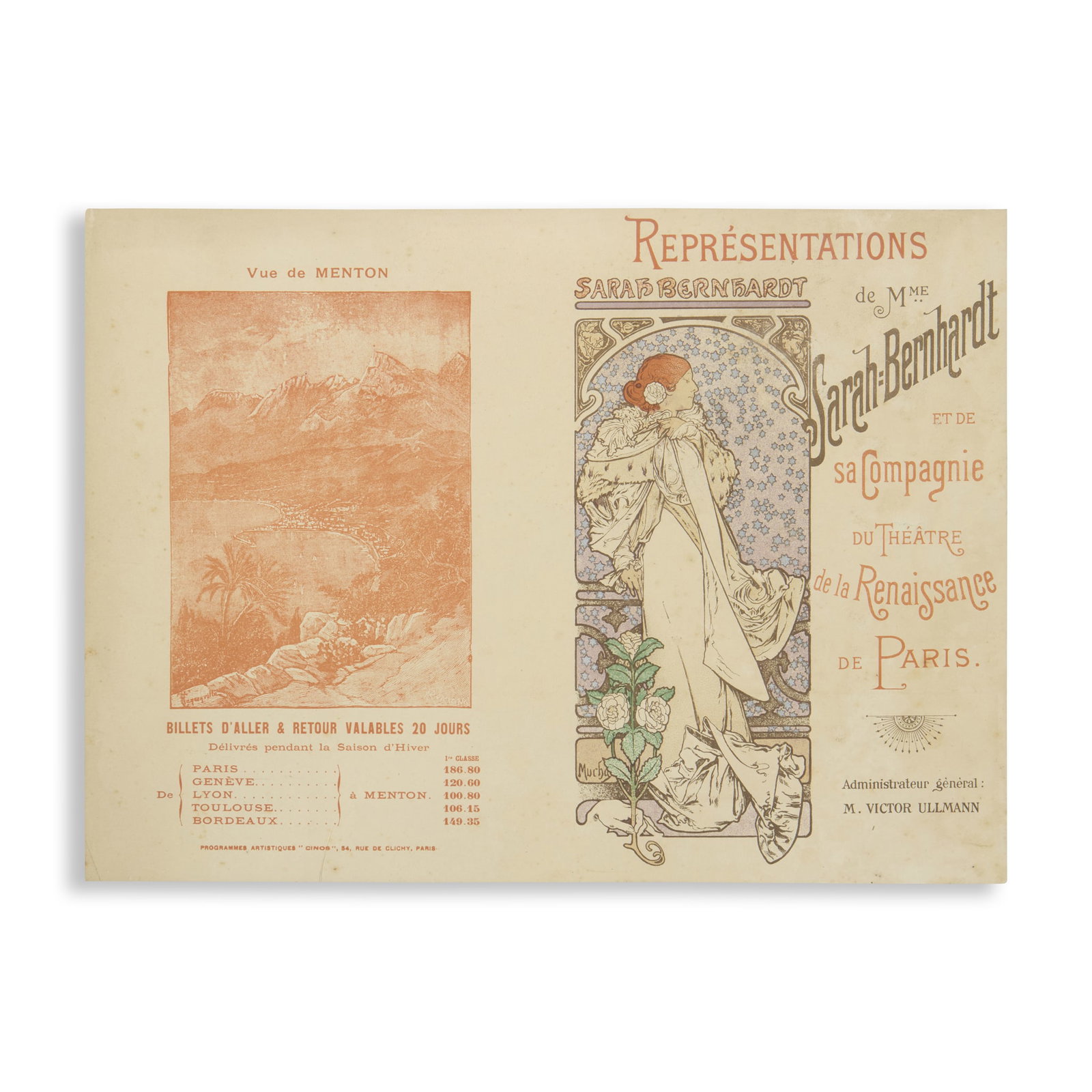 ALPHONSE MUCHA (1860-1939): ALPHONSE MUCHA (1860-1939) REPRÉSENTATIONS DE MME SARAH BERNHARDT ET DE SA COMPAGNIE DU THÉÂTRE DE LA RENAISSANCE DE PARIS TOURING PROGRAMME circa 1898lithograph in colours, condition