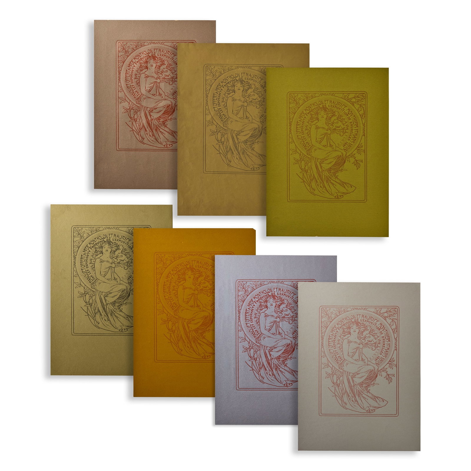 ALPHONSE MUCHA (1860-1939): ALPHONSE MUCHA (1860-1939) BANQUET OFFERT À MRS DE MONTHOLON ET MAURICE MONTHIERS 1ER MARS 1898 1898set of seven zincographs on coloured papers, condition A-; not backed (7) 36.5 x 24.3cm