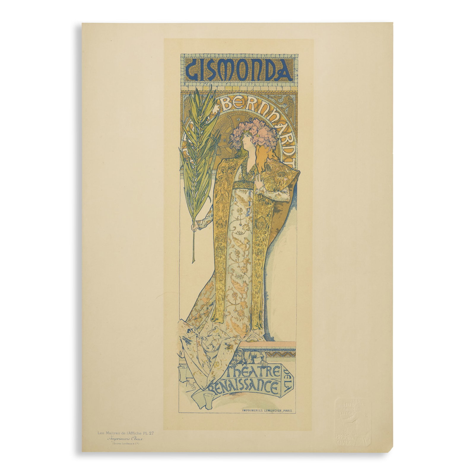 ALPHONSE MUCHA (1860-1939): ALPHONSE MUCHA (1860-1939) GISMONDA SARAH BERNHARDT THÉÂTRE DE LA RENAISSANCE 1896Les Maîtres de l'Affiche Pl. 27, lithograph in colours, printed by Chaix, Paris, condition A-;