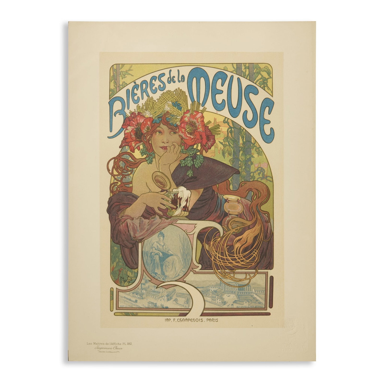 ALPHONSE MUCHA (1860-1939): ALPHONSE MUCHA (1860-1939) BIÈRES DE LA MEUSE 1899Les Maîtres de l'Affiche Pl. 182, lithograph in colours, printed by Chaix, Paris, condition A-; not backed 40 x 29cm Alphonse