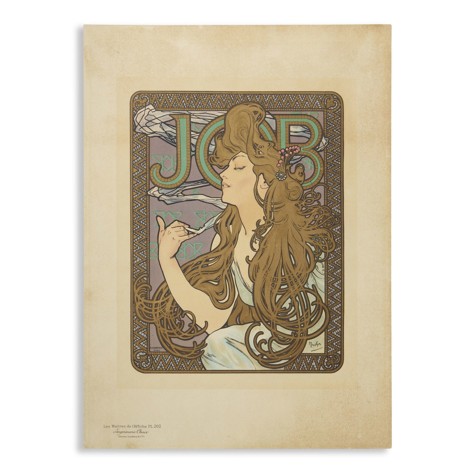 ALPHONSE MUCHA (1860-1939): ALPHONSE MUCHA (1860-1939) JOB 1900Les Maîtres de l'Affiche Pl. 202, lithograph in colours, printed by Chaix, Paris, condition A-; not backed 40 x 29cm Alphonse Mucha: A Private
