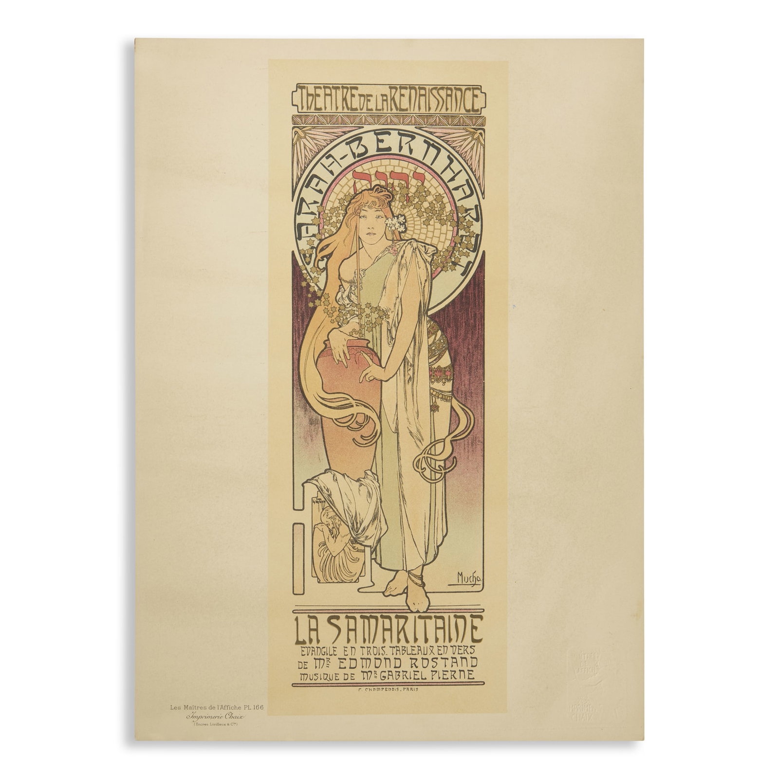 ALPHONSE MUCHA (1860-1939): ALPHONSE MUCHA (1860-1939) LA SAMARITAINE 1899Les Maîtres de l'Affiche Pl. 166, lithograph in colours, printed by Chaix, Paris, condition A-; not backed 40 x 29cm Alphonse Mucha: A