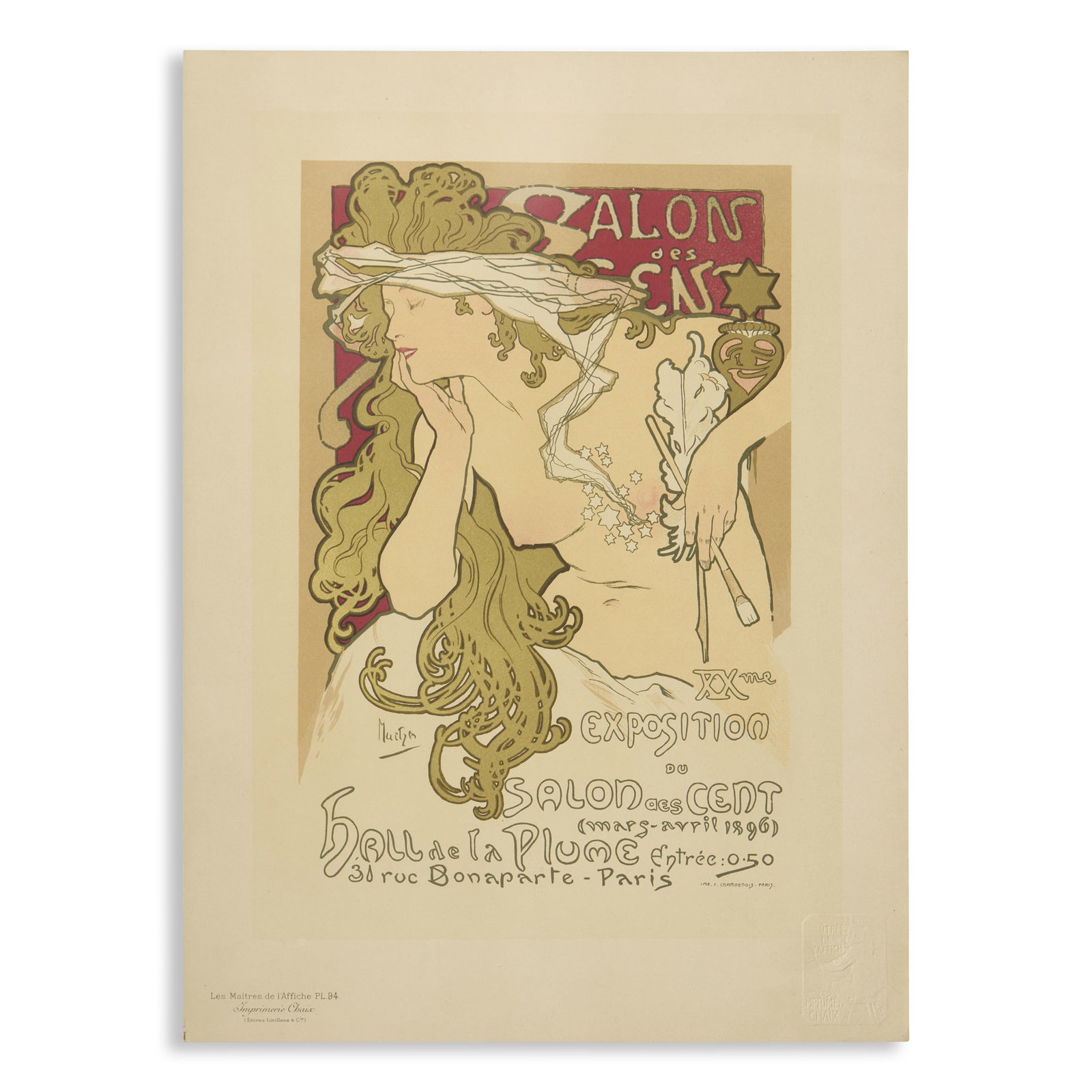 ALPHONSE MUCHA (1860-1939): ALPHONSE MUCHA (1860-1939) SALON DES CENTS 1897Les Maîtres de l'Affiche Pl. 94, lithograph in colours, printed by Chaix, Paris, condition A; not backed 40.2 x 29.3cm Alphonse