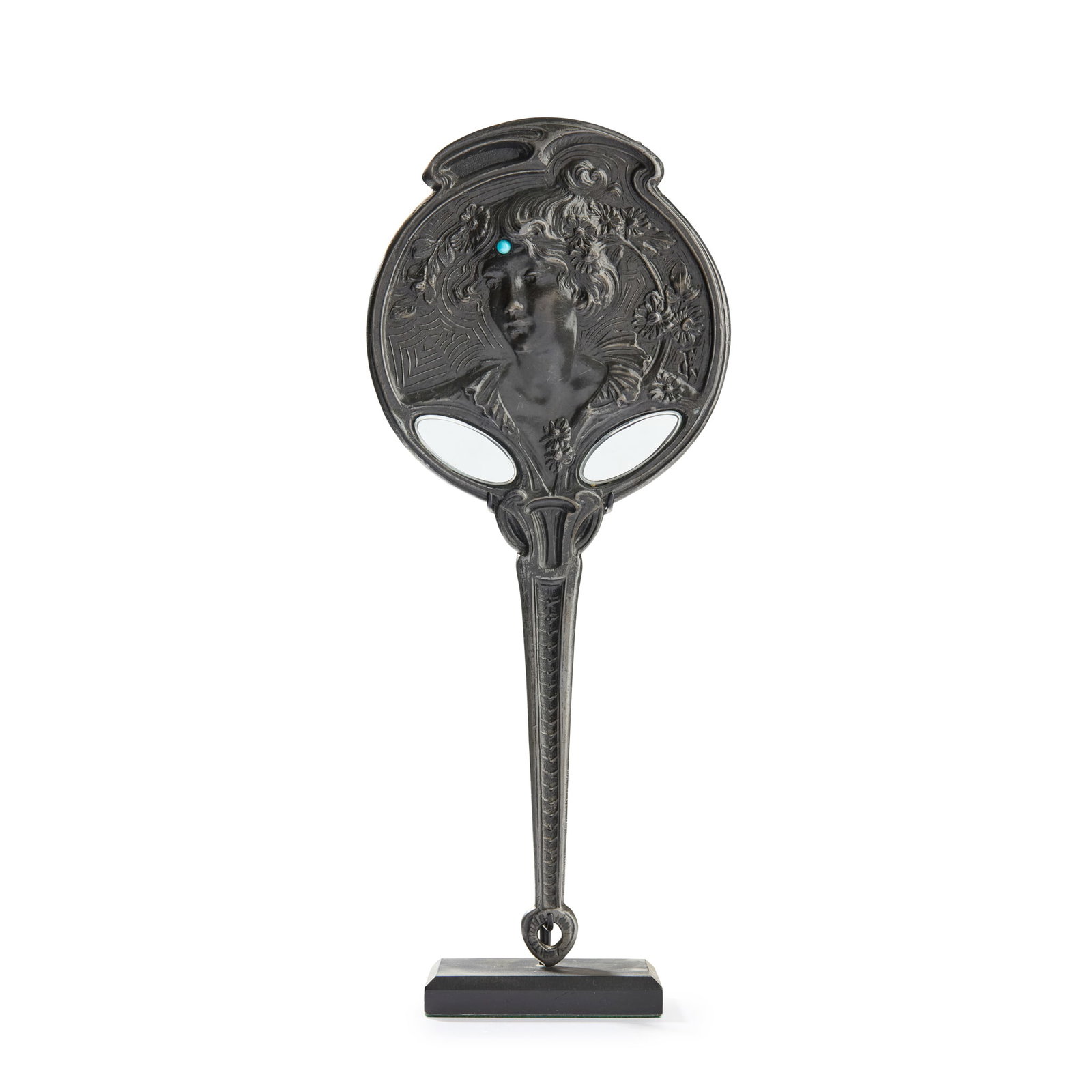 GEORGES FLAMAND (1895-1925): GEORGES FLAMAND (1895-1925) FIGURAL HAND-MIRROR circa 1900patinated metal, inset with turquoise coloured cabochon, mirrored glass, with later standcast with monogram GF(2) 23.2cm high
