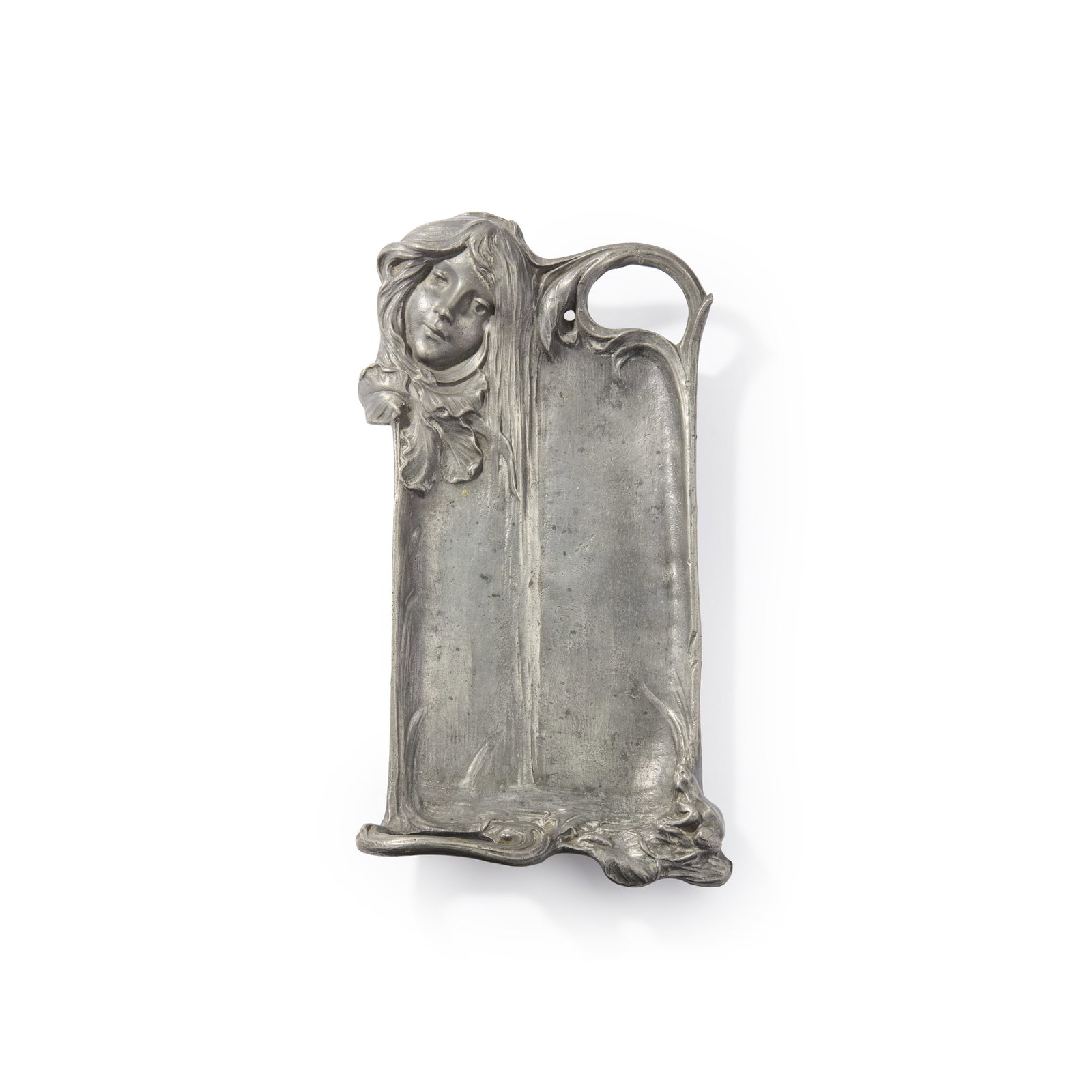 GEORGES FLAMAND (1895-1925): GEORGES FLAMAND (1895-1925) MAIDEN AND FROG VIDE POCHE circa 1900pewter-like metal signed in cast G. Flamand 26.5cm x 14cm 