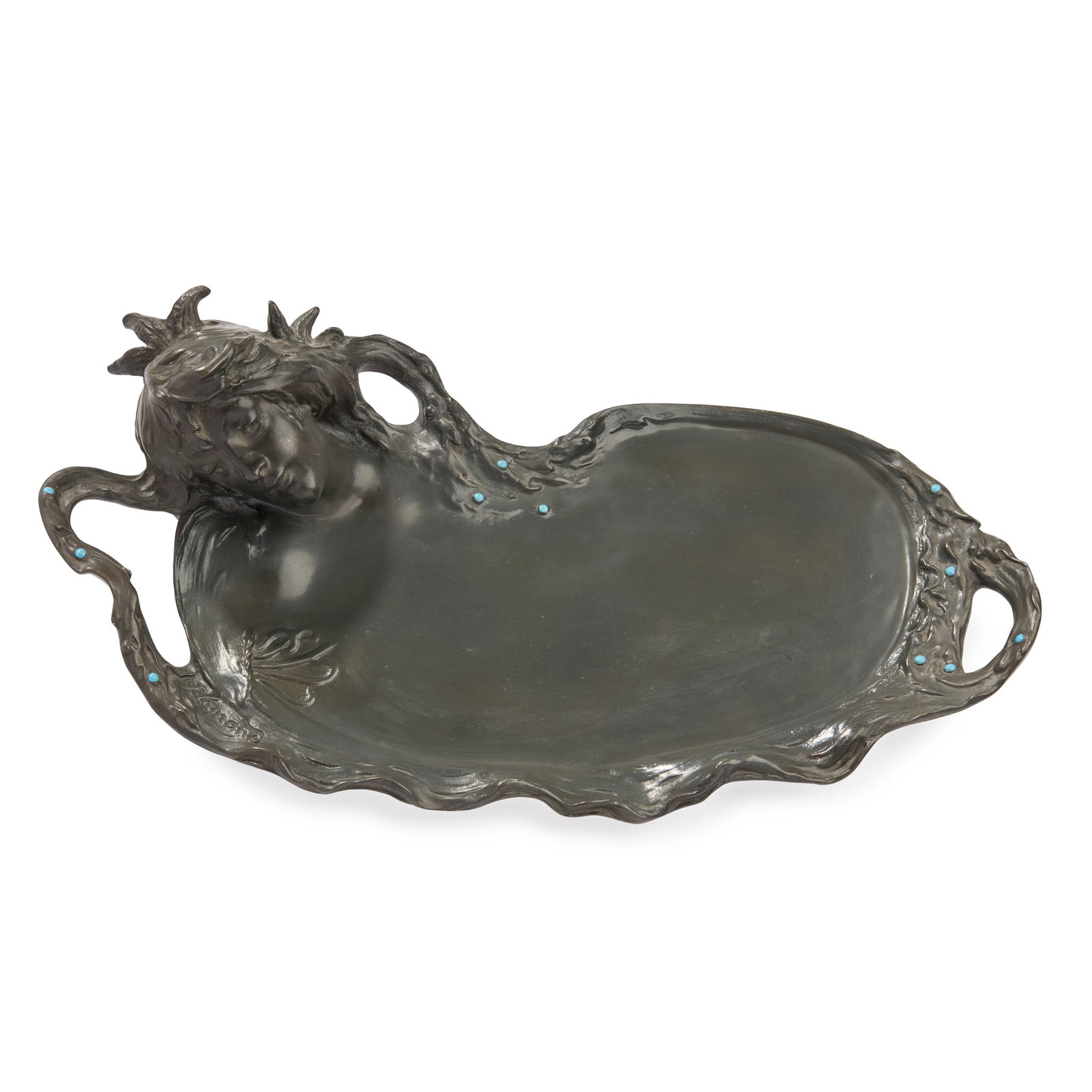 GEORGES FLAMAND (1895-1925): GEORGES FLAMAND (1895-1925) FIGURAL VIDE POCHE circa 1900patinated pewter, inset with turquoise coloured cabochonssigned in cast Flamand 37.2cm wide