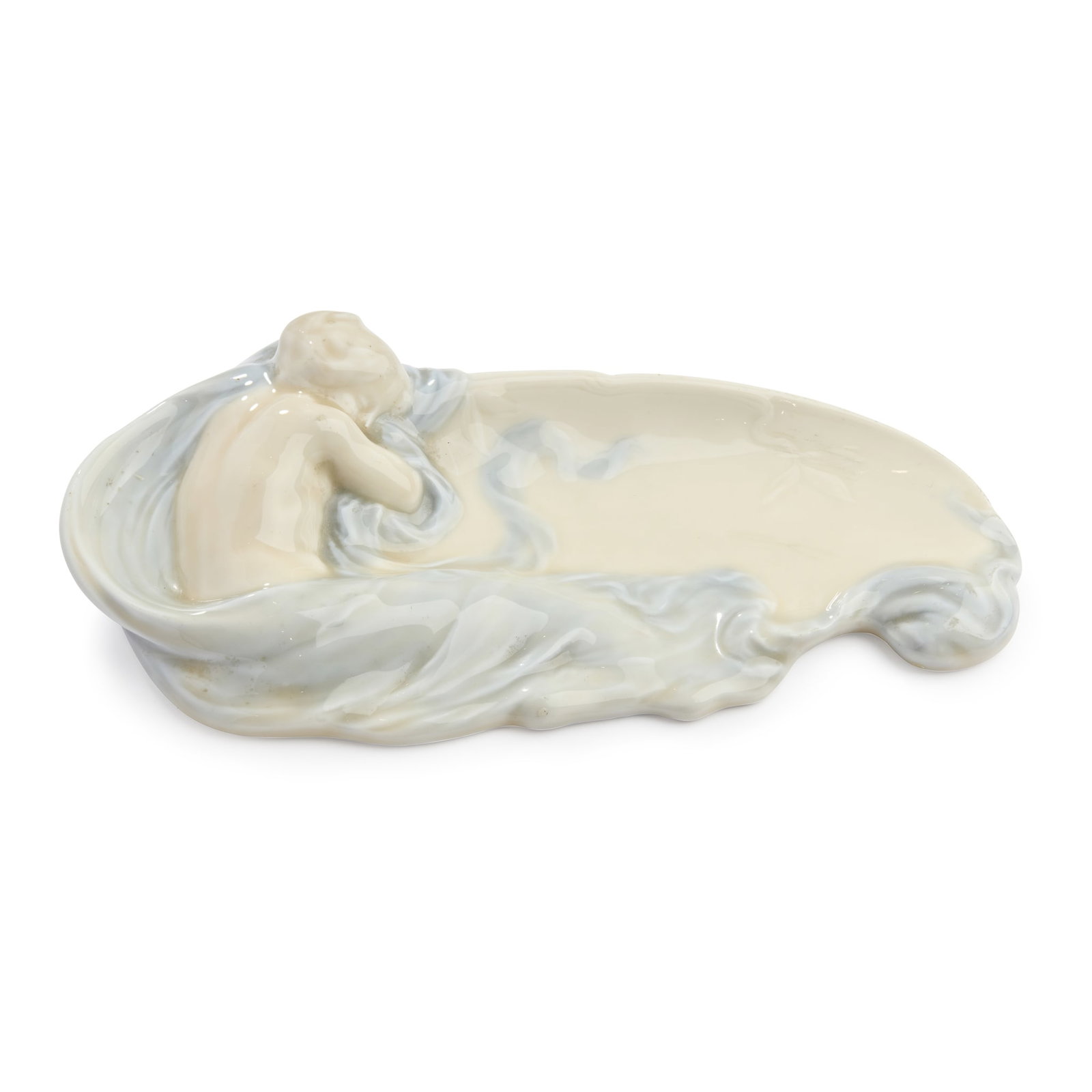 CAMILLE THARAUD (1878-1956?) FOR LIMOGES: CAMILLE THARAUD (1878-1956?) FOR LIMOGES FIGURAL DISH circa 1900glazed porcelainprinted LIMOGES FRANCE, painted C. Tharaud 23.5cm wide Camille Tharaud owned a family ceramics business and exhibited