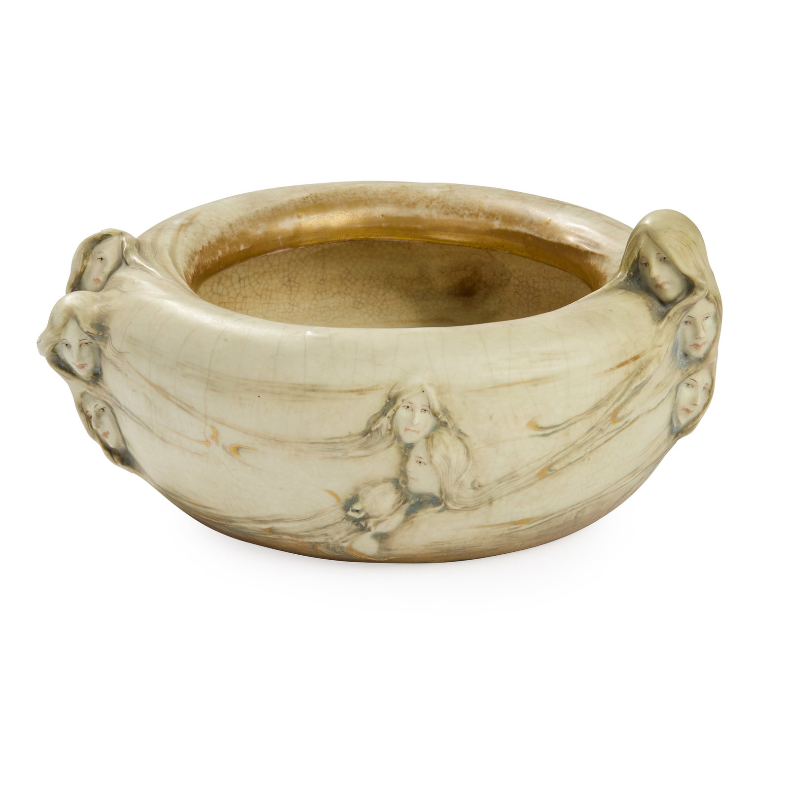 EDUARD STELLMACHER (1868-1932) FOR RIESSNER, STELLMACHER & KESSEL: EDUARD STELLMACHER (1868-1932) FOR RIESSNER, STELLMACHER & KESSEL AMPHORA FATES FIGURAL BOWL circa 1900glazed earthenware, with painted and gilt highlightsincised Ed Stellmacher, moulded AMPHORA,