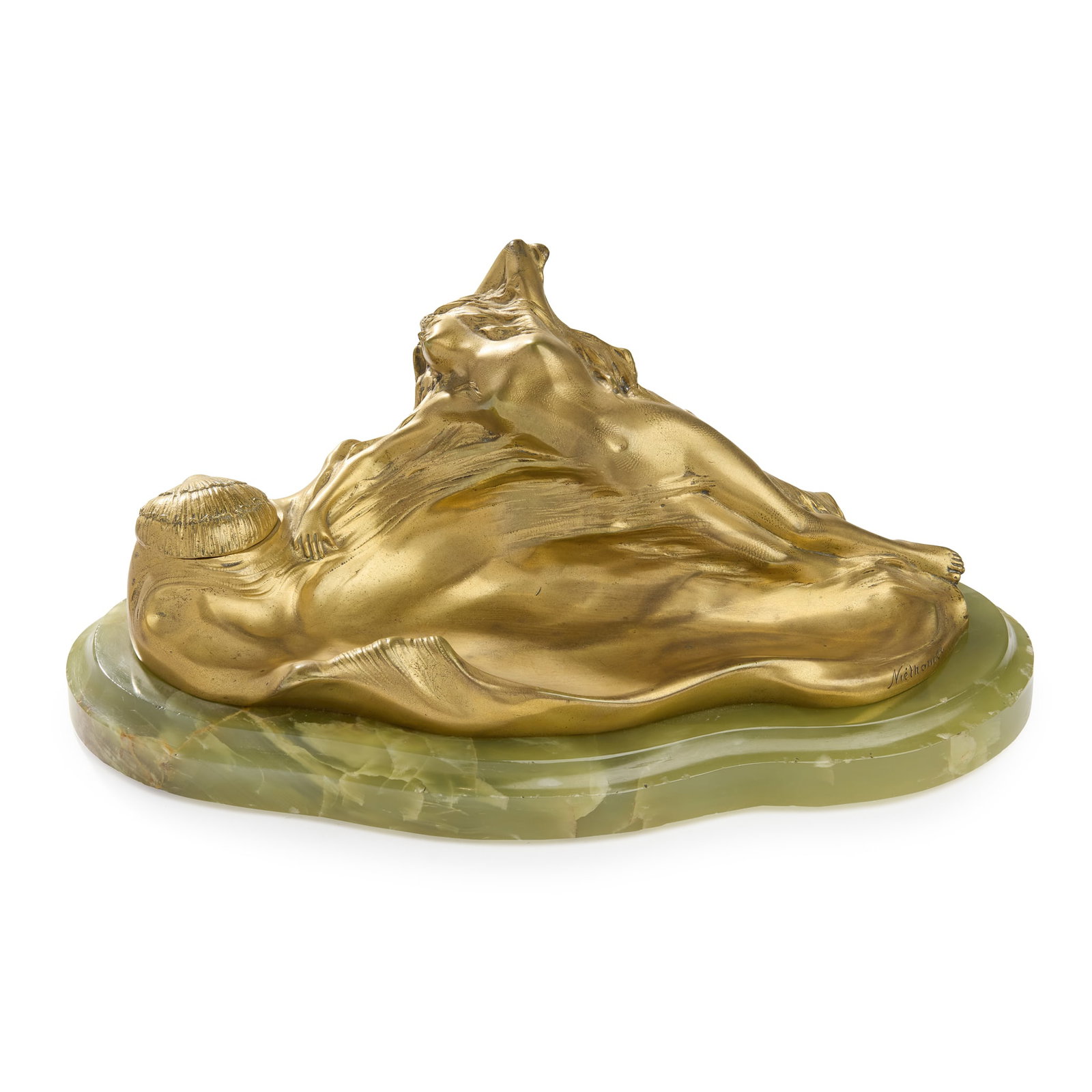 NIETHAMER, POSSIBLY: NIETHAMER, POSSIBLY FIGURAL INKWELL circa 1900gilt bronze and onyxsigned Niethamer (indistinct) 24.7cm wide 