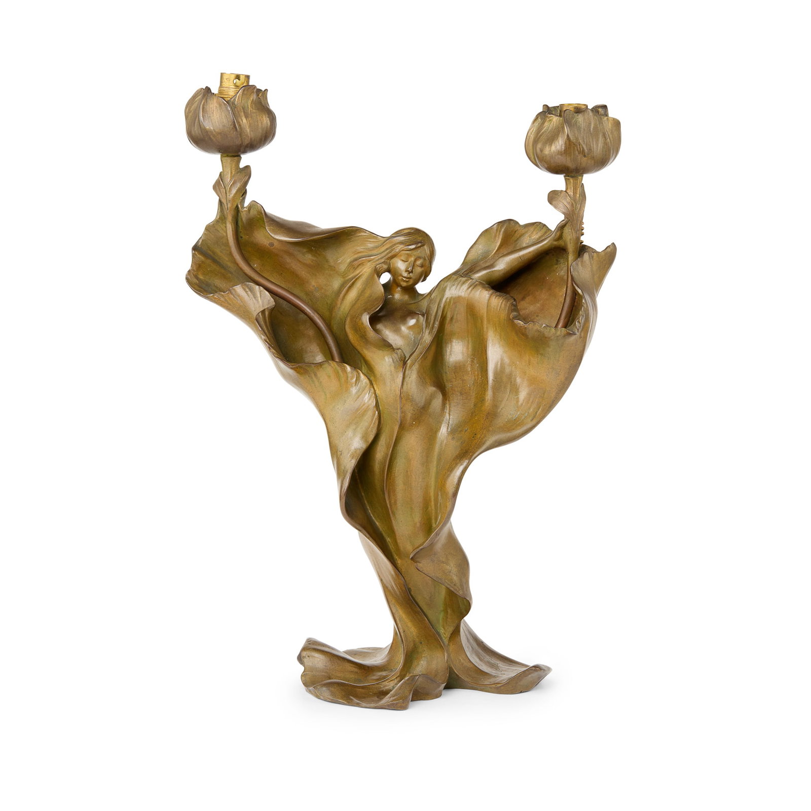 MARIUS MARS-VALLETT (1869-1957): MARIUS MARS-VALLETT (1869-1957) TWIN-BRANCH FIGURAL CANDELABRA designed circa 1900patinated bronzesigned in cast Mars. Vallet 35.5cm high