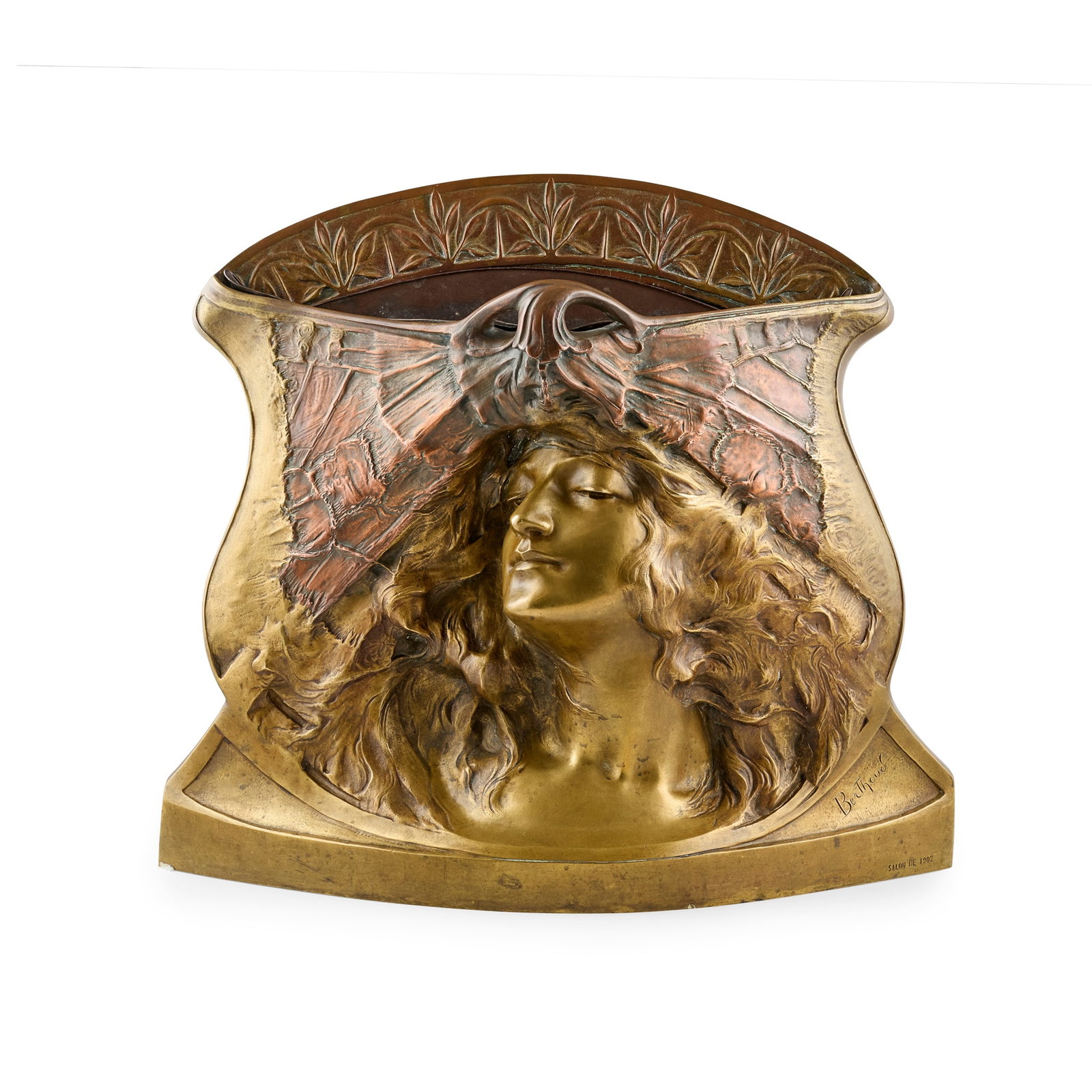 PAUL-FRANÇOIS BERTHOUD (1870-1939): PAUL-FRANÇOIS BERTHOUD (1870-1939) CHRYSALIDE PLANTER designed 1902bronze, copper plating, with tin linersigned in cast Berthaud, inscribed SALON DE 1902, founders mark J.H.F. Fondeur. Paris