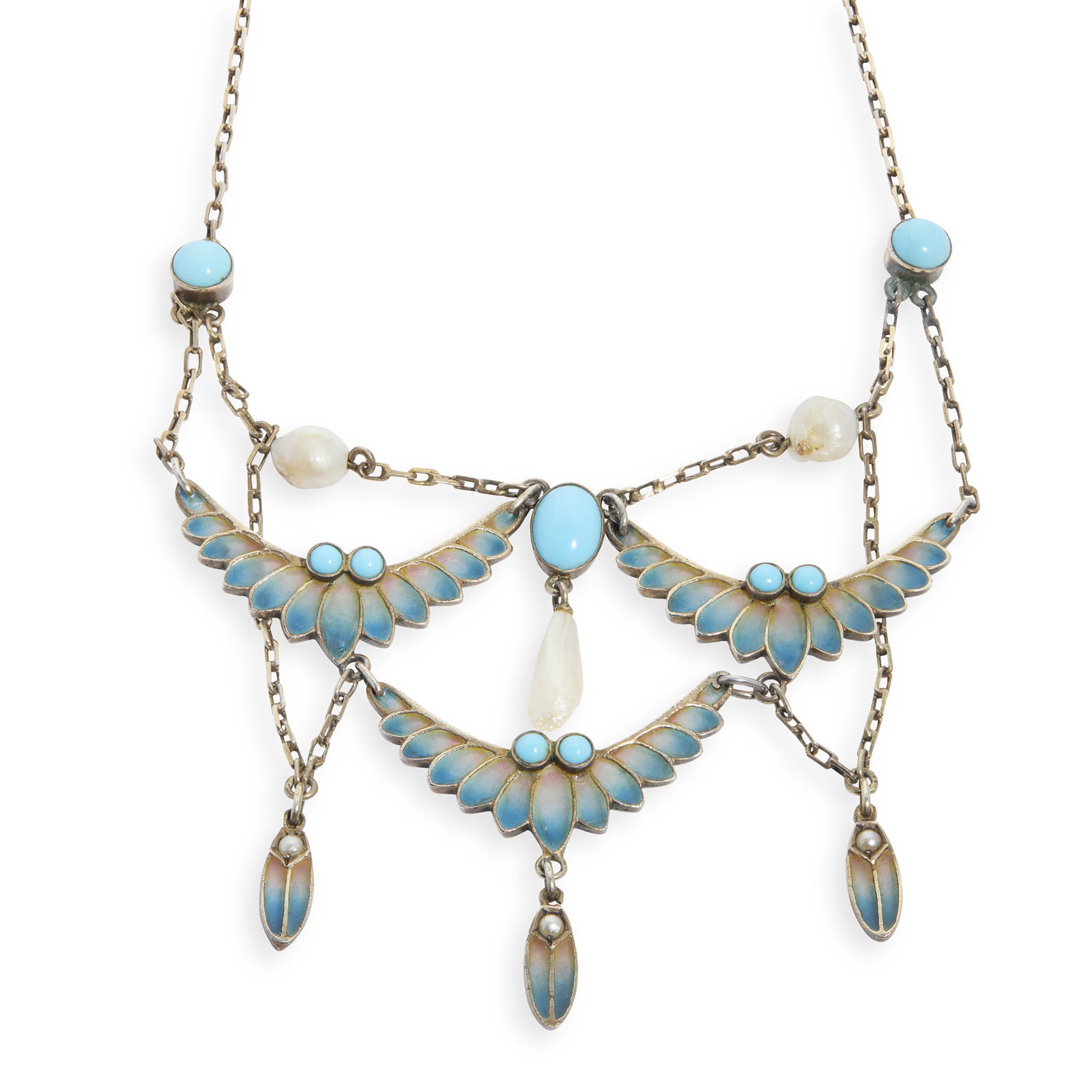 HERMANN & SPECK: HERMANN & SPECK JUGENDSTIL NECKLACE circa 1900silver gilt, plique-à-jour enamel, baroque pearls and turquoise ceramic cabochonsstamped maker's mark 42cm long including chain