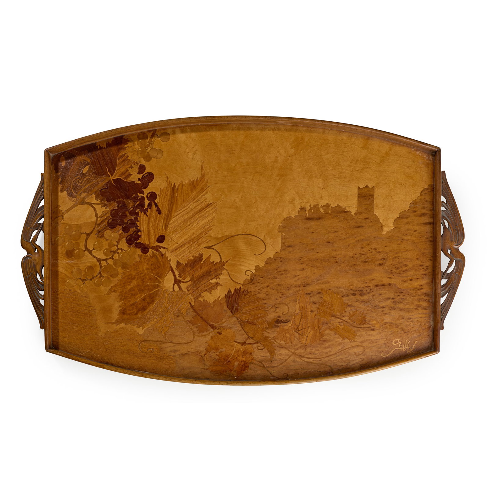 ÉMILE GALLÉ (1846-1904): ÉMILE GALLÉ (1846-1904) TRAY designed circa 1900mixed veneer marquetry, with carved handlesinlaid GALLE 67.7cm x 40.8cm 
