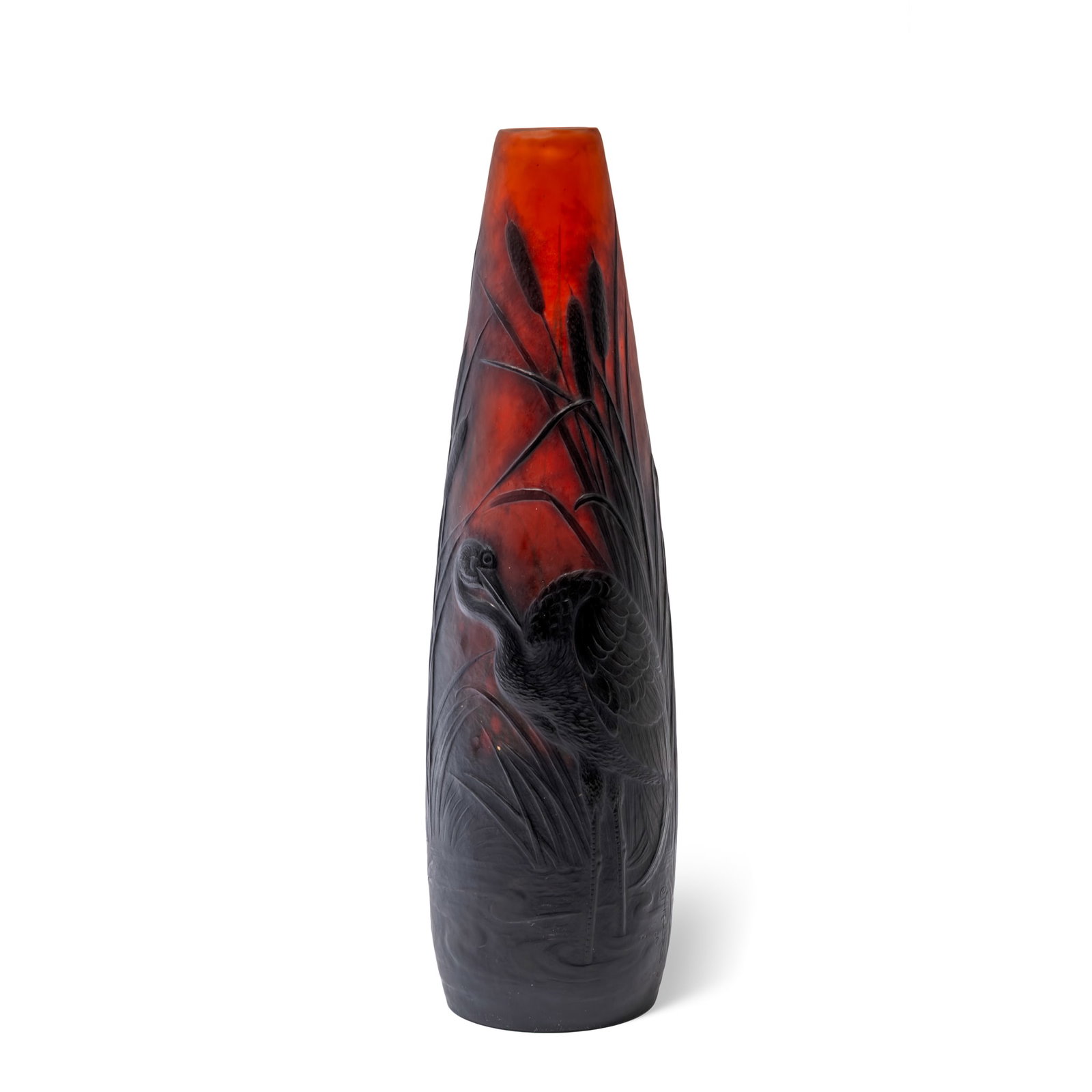 ÉMILE GALLÉ (1846-1904): ÉMILE GALLÉ (1846-1904) HERON AND BULLRUSHES CAMEO GLASS VASE designed 1903overlaid, carved and acid-etched glass engraved GALLE 27.3cm high Property from a Private London