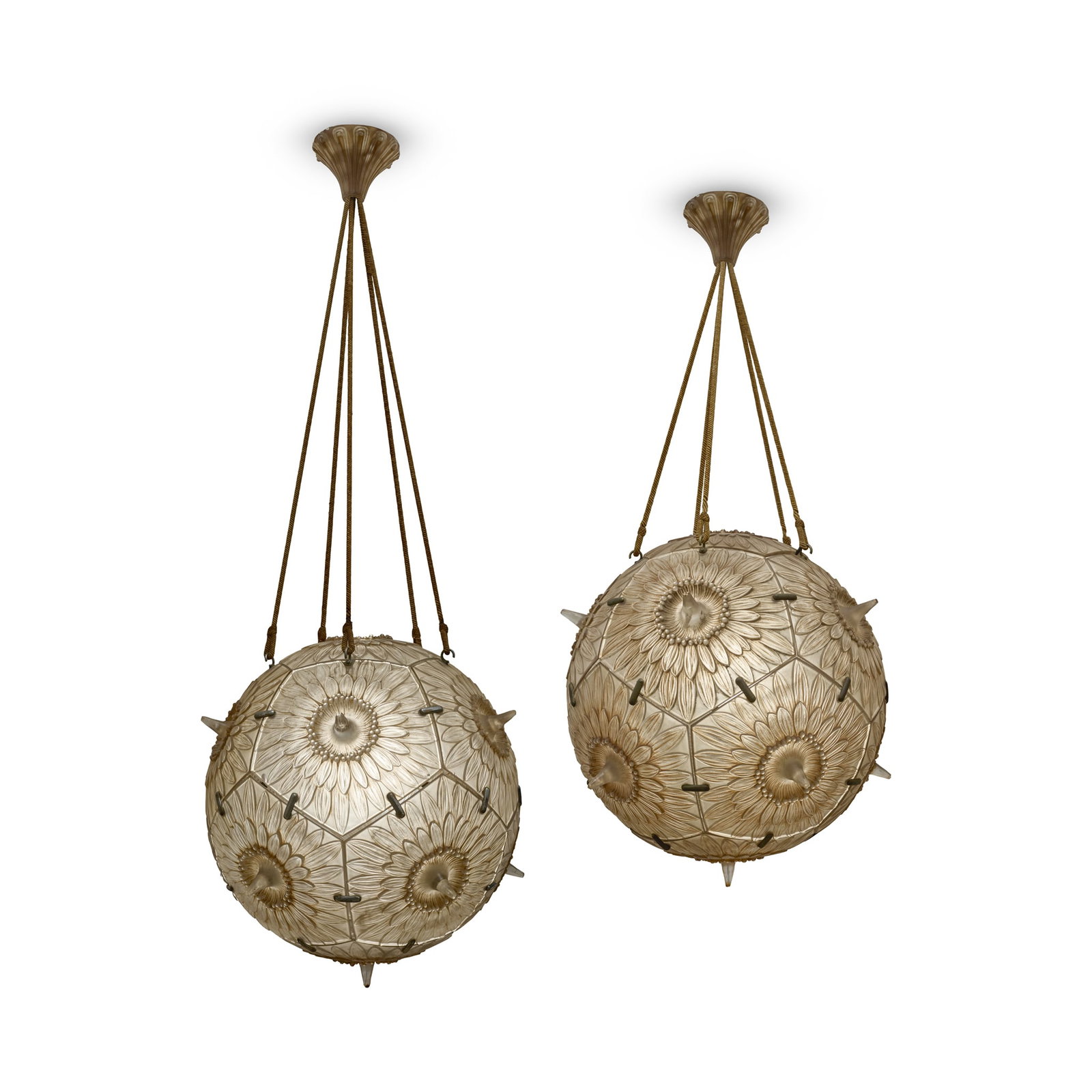 ‡ RENÉ LALIQUE (1860-1945): RENÉ LALIQUE (1860-1945) PAIR OF PASSIFLORE CHANDELIERS, NO. 2263 designed 1924clear, frosted and sepia stained, metal brackets, and ceiling roses(2) each approximately 50cm diameter, 116cm and