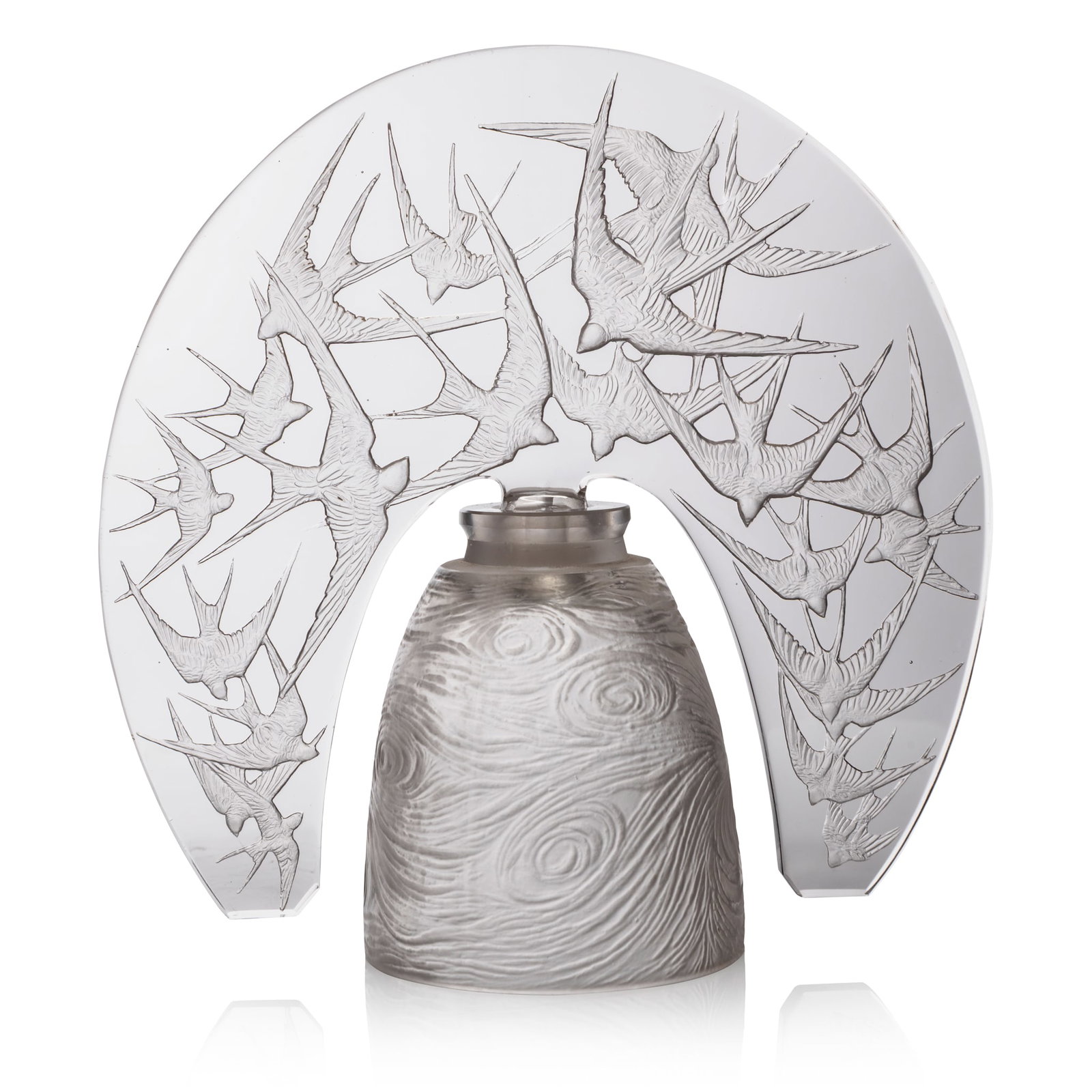 RENÉ LALIQUE (1860-1945): RENÉ LALIQUE (1860-1945) HIRONDELLES VEILLEUSE MOYENNE, WITH TOURBILLONS BODY, NO. 2556 designed 1919clear and frosted engraved R. Lalique France(2) 16.5cm high overall
