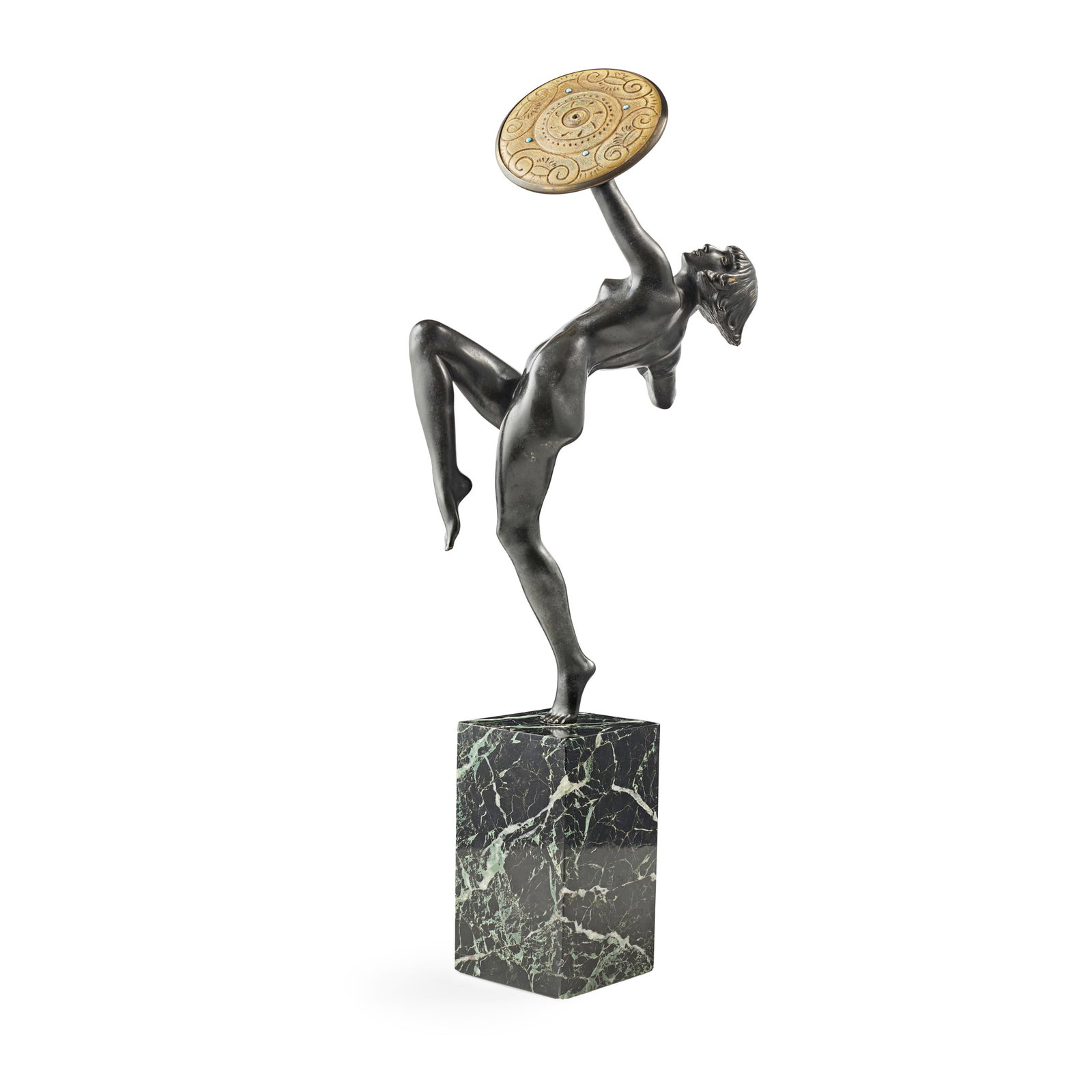 § PIERRE LE FAGUAYS (1892-1962): PIERRE LE FAGUAYS (1892-1962) AMAZON designed circa 1925patinated bronze, carved horn, turquoise cabochons, marble baseengraved LE FAGUAYS 54.3cm high overall, bronze 39cm high